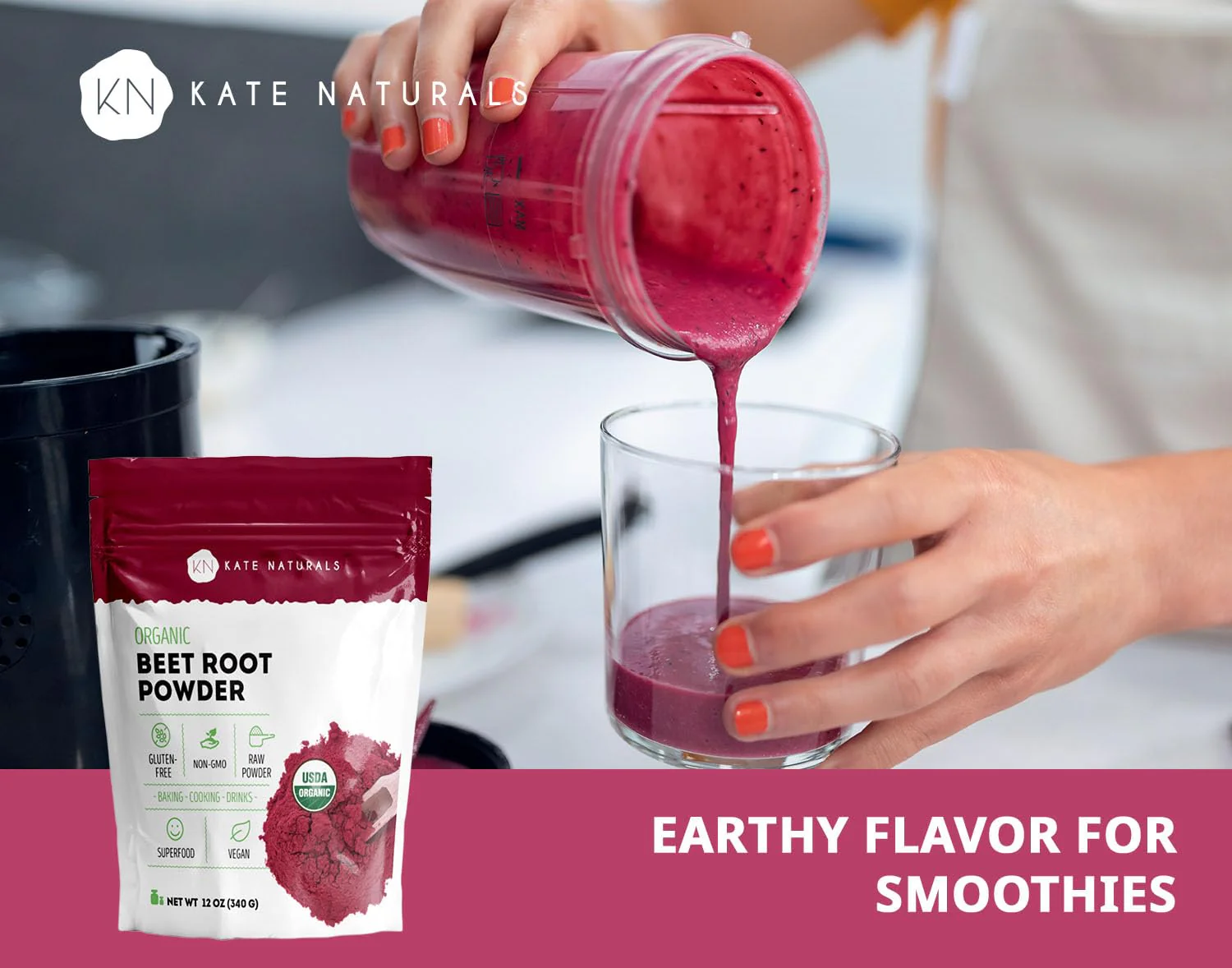 Kate Naturals Organic Beet Root Powder for Smoothies, Baking & Juice. Raw Beetroot Superfood & Natural Red Food Coloring (12oz, Non-GMO, Earthy Flavor) - Image 2