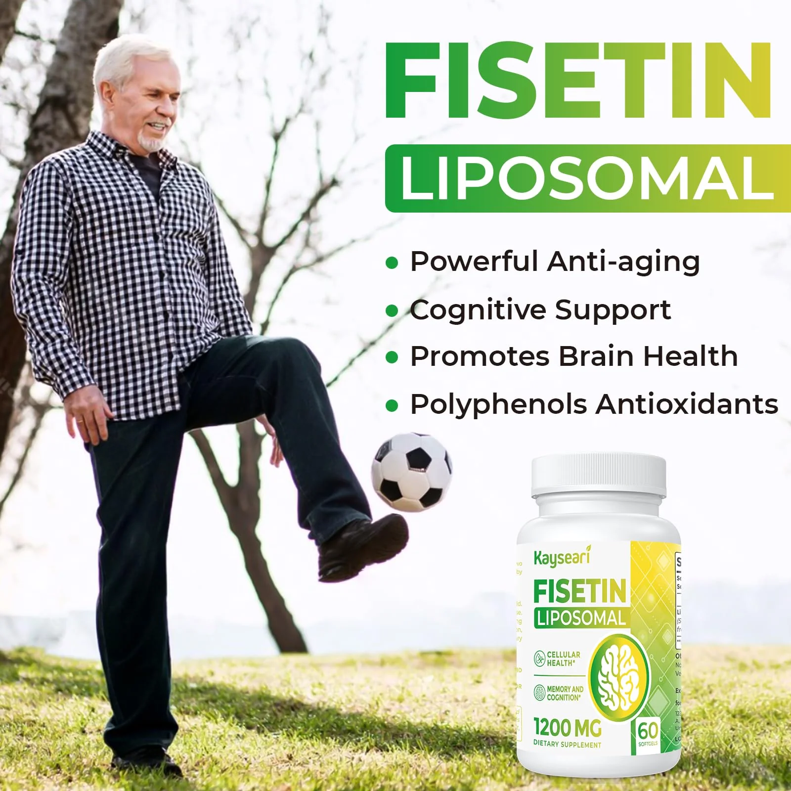 Kayseari Fisetin 1200mg Liposomal Fisetin Supplements 98% Pure Fisetin Polyphenols Antioxidants Immunity Health Aging Cognitive Support Non-GMO 60 Capsules - Image 3