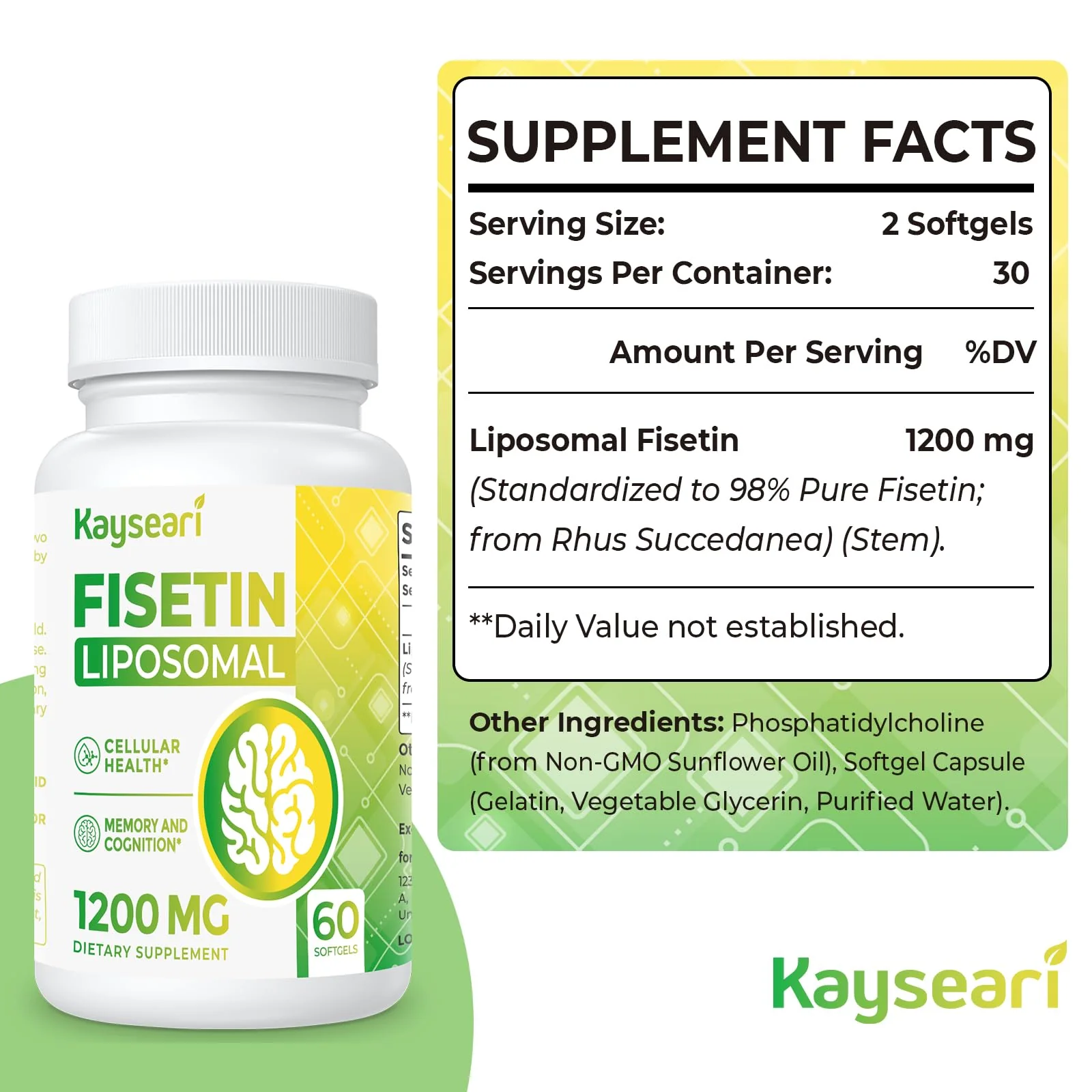 Kayseari Fisetin 1200mg Liposomal Fisetin Supplements 98% Pure Fisetin Polyphenols Antioxidants Immunity Health Aging Cognitive Support Non-GMO 60 Capsules - Image 7