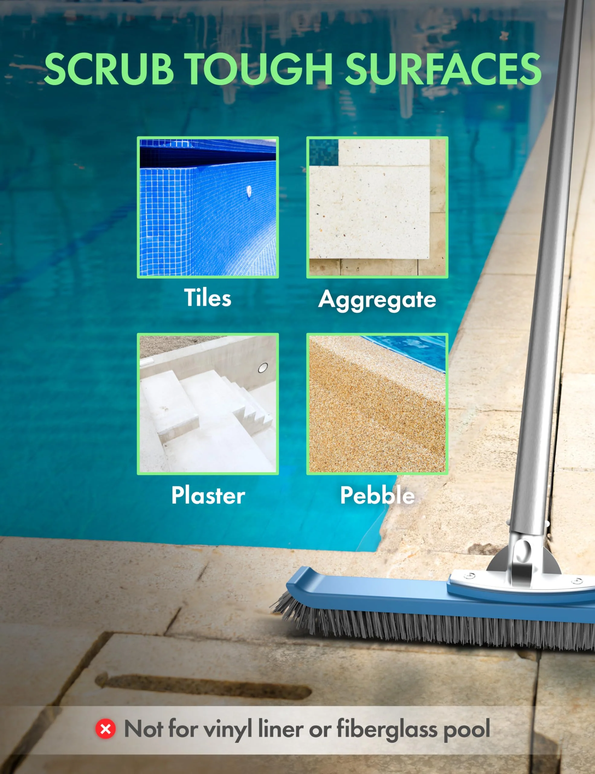 KEMANO Heavy Duty Pool Brush Head: Industrial-Grade Grit Non-Metal Stiff Bristles & Reinforced Aluminum Frame for Inground Pools, Tiles, Concrete Surfaces - Tackles Tough Surfaces, Algae, Stains - Image 2