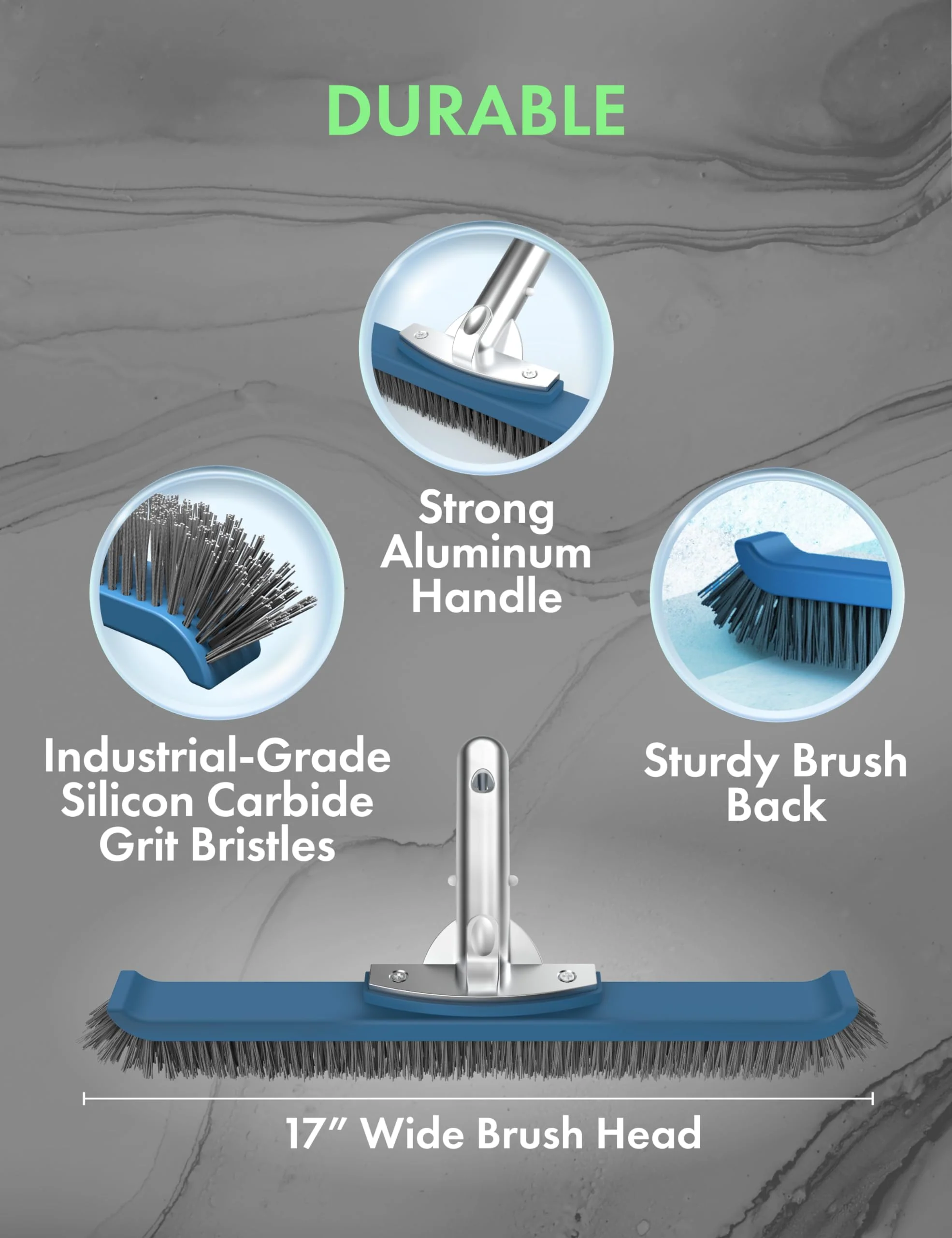 KEMANO Heavy Duty Pool Brush Head: Industrial-Grade Grit Non-Metal Stiff Bristles & Reinforced Aluminum Frame for Inground Pools, Tiles, Concrete Surfaces - Tackles Tough Surfaces, Algae, Stains - Image 6
