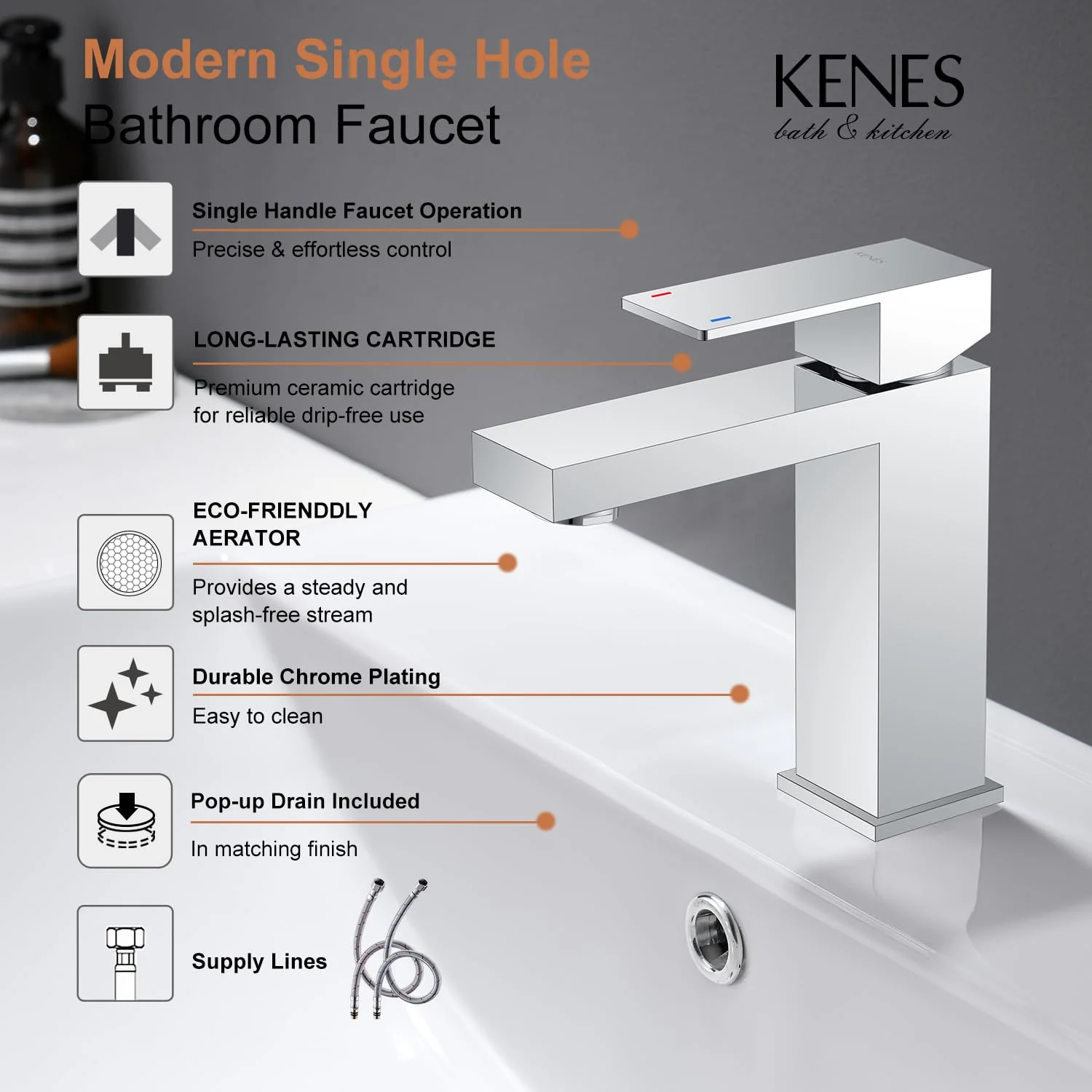KENES Chrome Bathroom Faucet Single Handle Bathroom Sink Faucet Lavatory Vanity Faucet with Pop Up Drain & Water Supply Lines LJ-9031-5 - Image 3