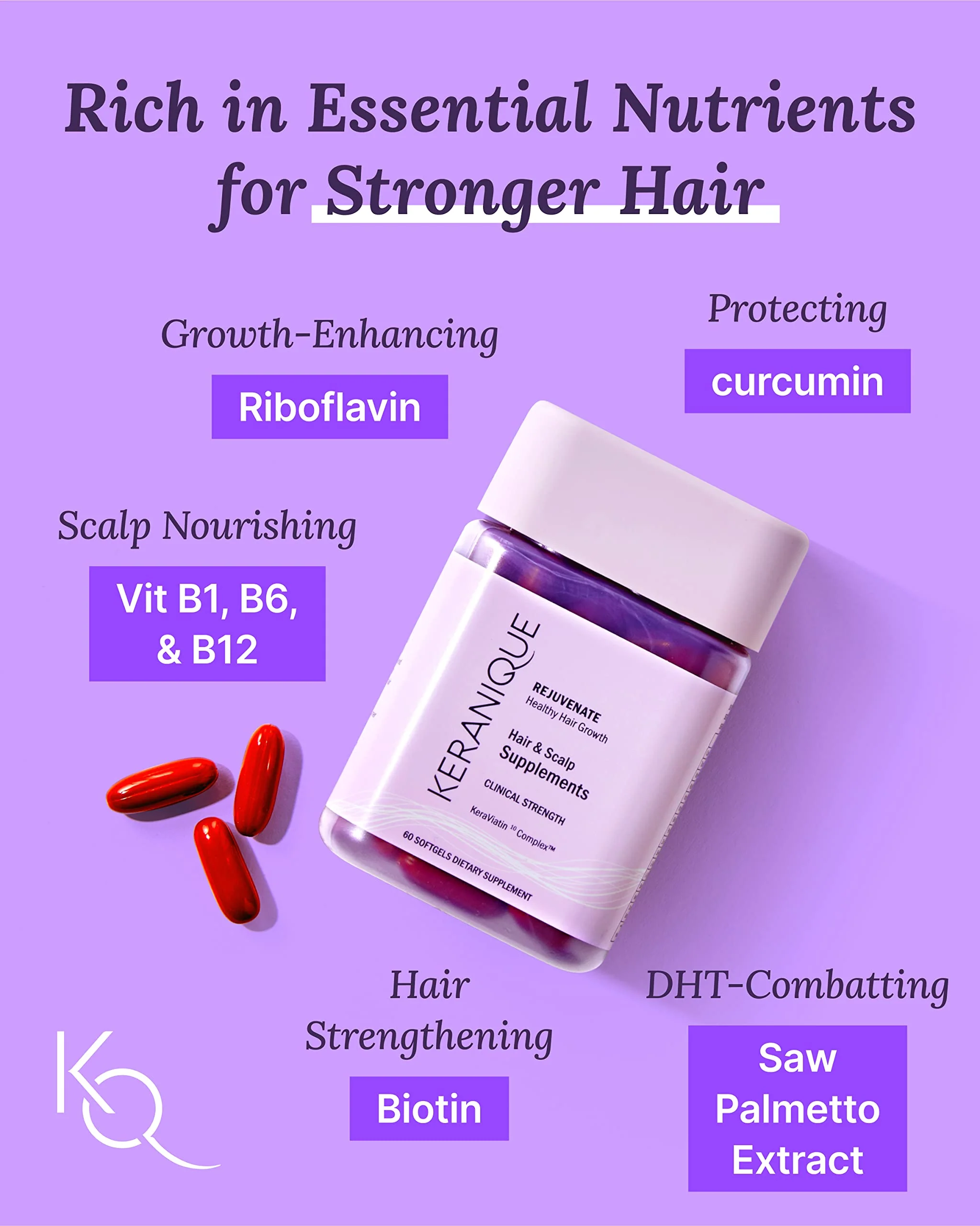 Keranique KeraViatin Hair & Scalp Health Supplement, Clinical Strength, Biotin, Vitamin B, 120 Softgels-60 Count (Pack of 2) - Image 6