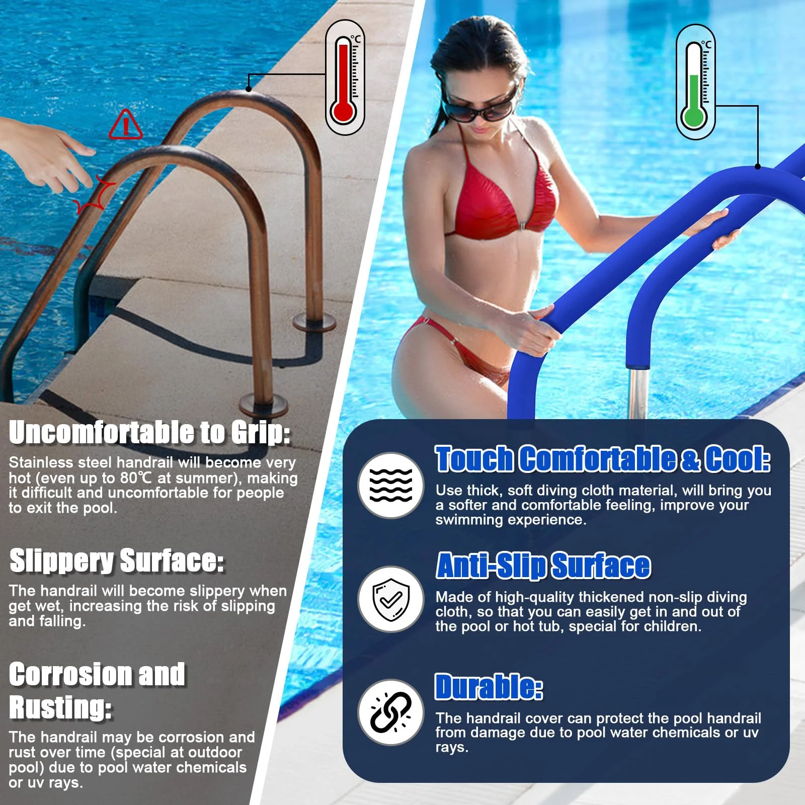 KETNET Pool Handrail Covers with Zippers for Inground Swimming Pools Hand Rail Cover, 4-10 ft Non Slip Cool Touch Heat Resistant, Blue, Anti-Slip Swim Pool Railing Ladder Handle Grip 6 Feet 1 Pack - Image 8