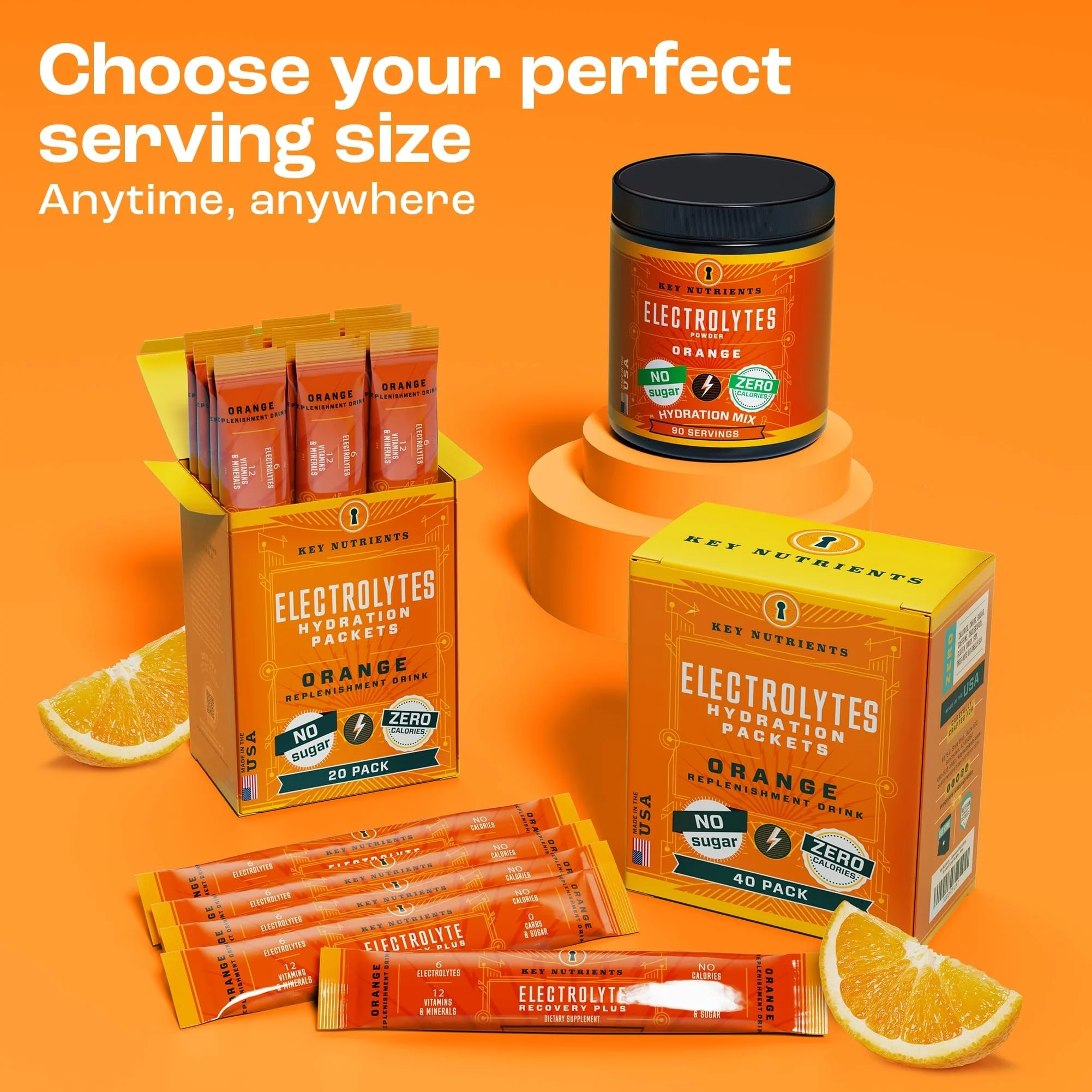 KEY NUTRIENTS Electrolytes Powder Packets - Tangy Orange 40 Pack Hydration Packets - Travel Hydration Powder - No Sugar, No Calories, Gluten Free - Made in USA