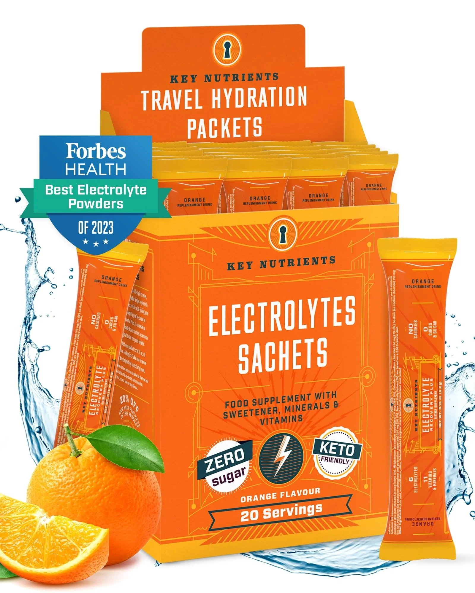 KEY NUTRIENTS Electrolytes Powder Packets - Tangy Orange 40 Pack Hydration Packets - Travel Hydration Powder - No Sugar, No Calories, Gluten Free - Made in USA - Image 2