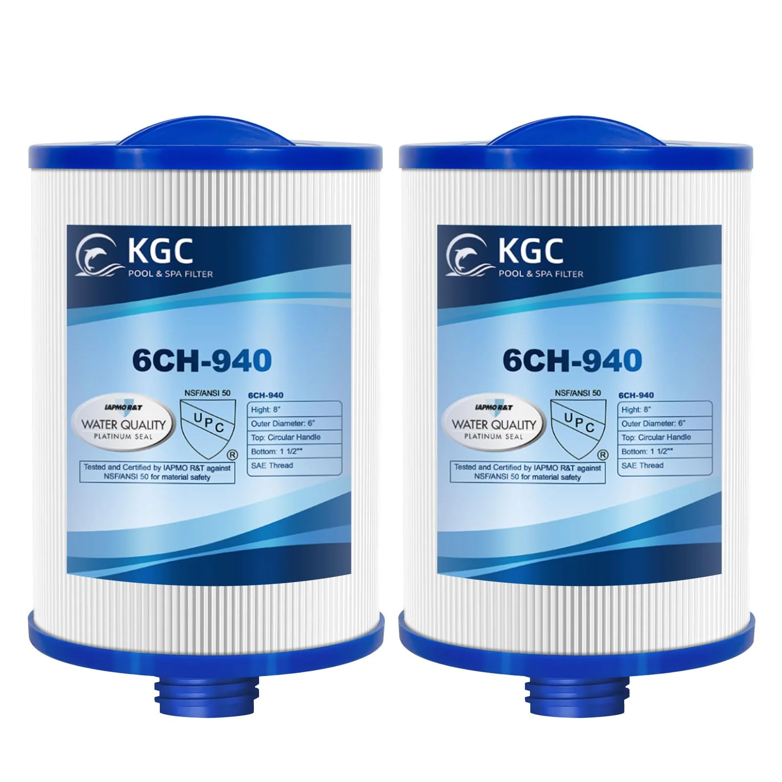 KGC 6CH-940 Spa Filter 2 Pack - Compatible with Pleatco PWW50P3 (1 1/2" SAE Coarse Thread), Unicel 6CH-940, Filbur FC-0359, Waterway 817-0050, 03FIL1400, 25252-for Viking Spa Front Access Skimmer.