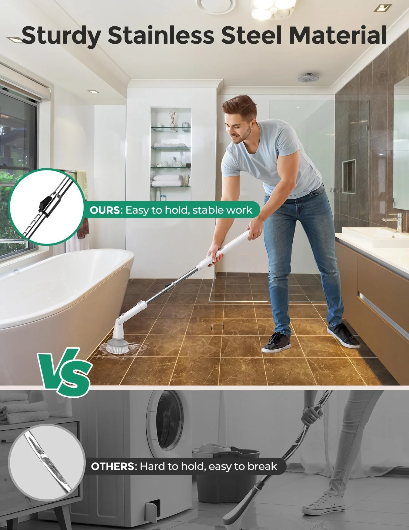 kHelfer Electric Spin Scrubber, Cordless Shower Scrubber with Long Handle, 8 Replacement Heads, 1.5H Bathroom Scrubber Dual Speed, Shower Cleaning Brush with Extension Arm for Bathtub Tile Floor - Image 4