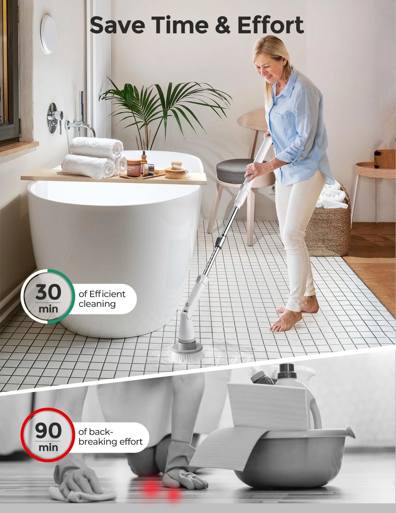 kHelfer Electric Spin Scrubber, Cordless Shower Scrubber with Long Handle, 8 Replacement Heads, 1.5H Bathroom Scrubber Dual Speed, Shower Cleaning Brush with Extension Arm for Bathtub Tile Floor - Image 5