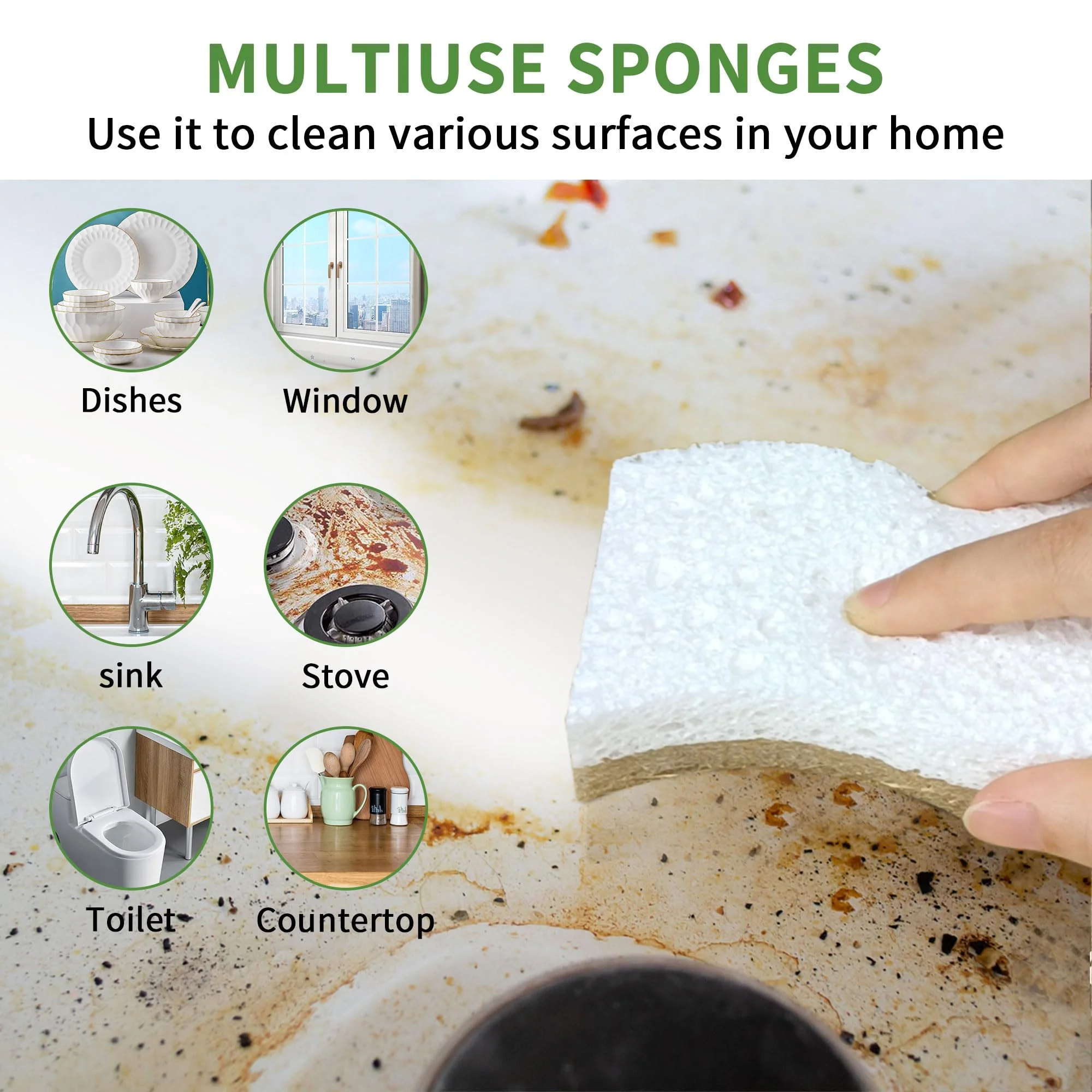 KICKLEEN 16 Pack Biodegradable Natural Kitchen Sponge - Compostable Cellulose and Coconut Walnut Scrubber Sponge - Eco Friendly Sustainable Sponges for Dishes - Image 3