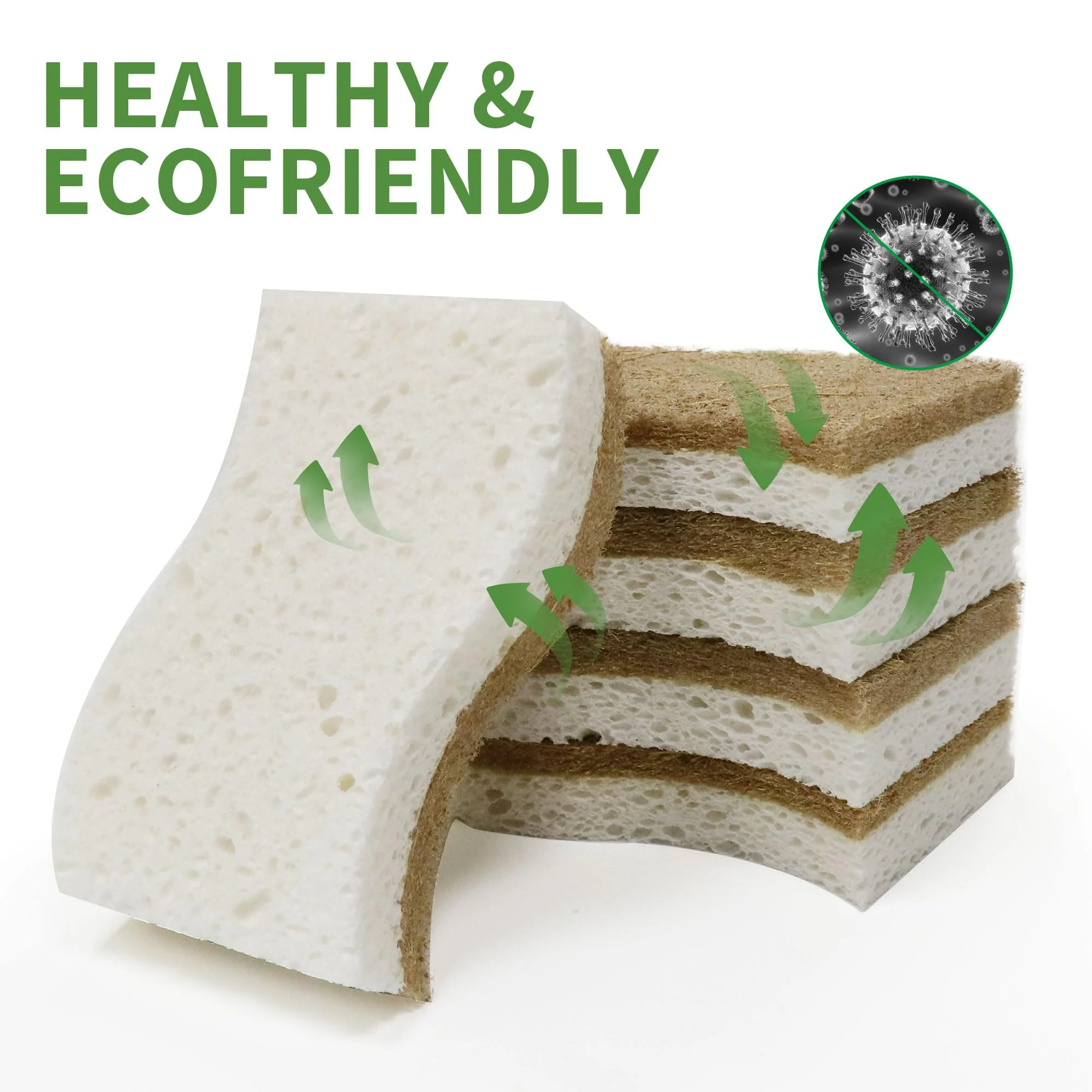 KICKLEEN 16 Pack Biodegradable Natural Kitchen Sponge - Compostable Cellulose and Coconut Walnut Scrubber Sponge - Eco Friendly Sustainable Sponges for Dishes - Image 5