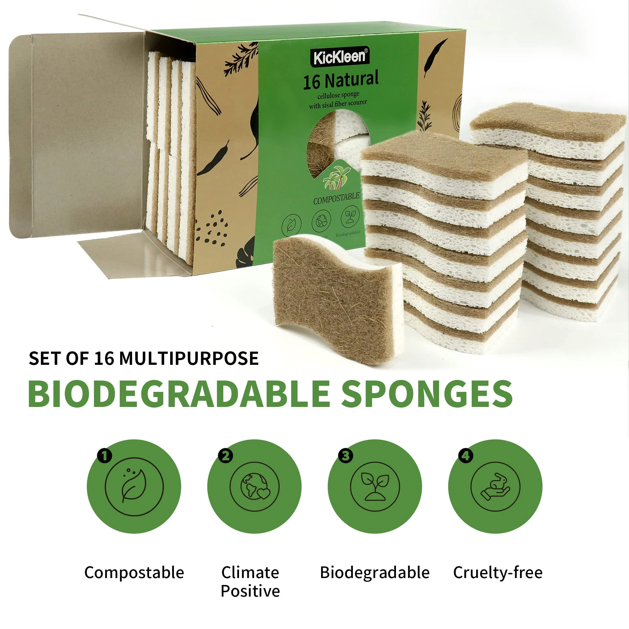 KICKLEEN 16 Pack Biodegradable Natural Kitchen Sponge - Compostable Cellulose and Coconut Walnut Scrubber Sponge - Eco Friendly Sustainable Sponges for Dishes - Image 7