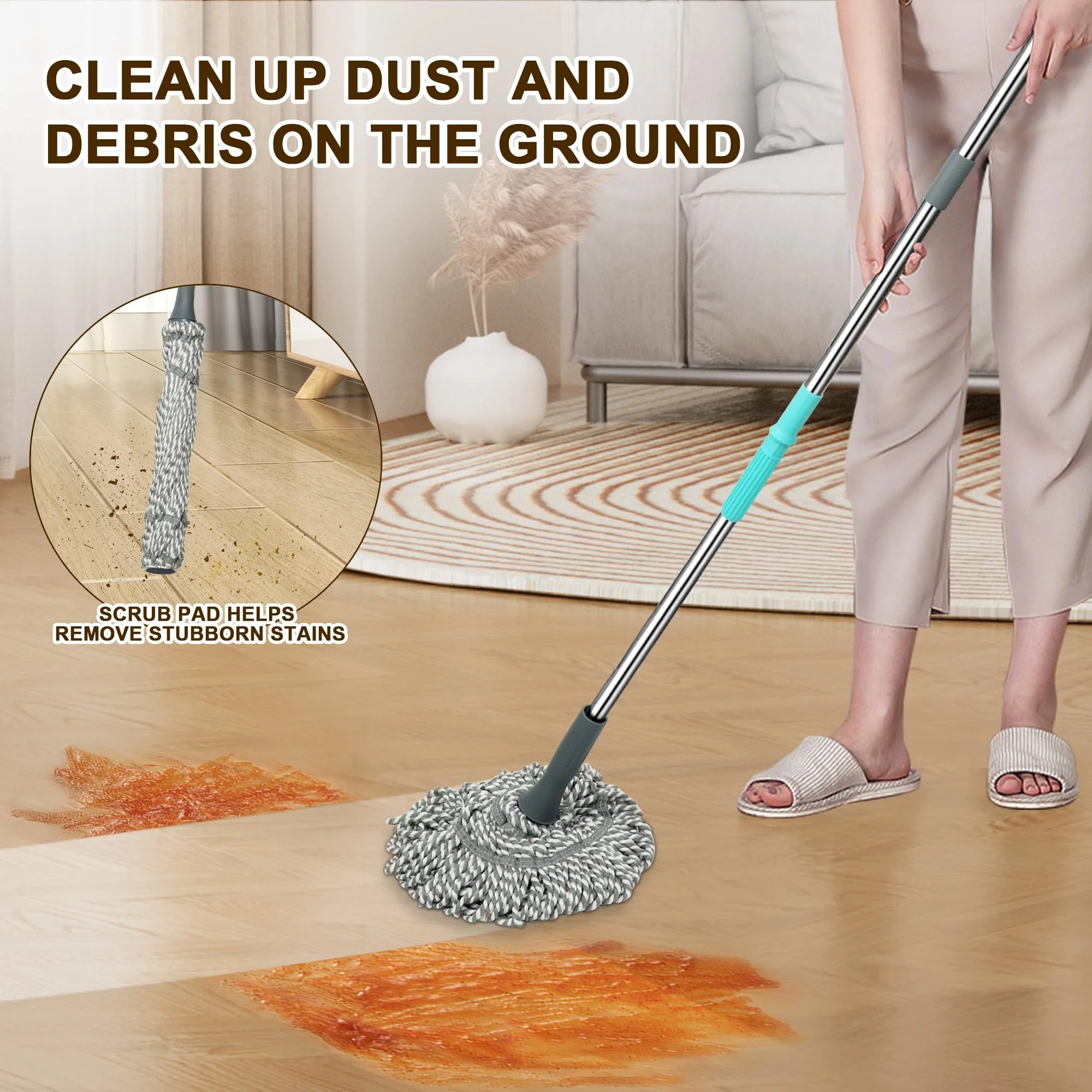 Kickleen Self Wringing Mop - Easy Squeeze Twist Mop with 52.5 Inch Long Handle, Heavy Duty for Hardwood, Tile, Vinyl & Laminate Floors (Gray) - Image 5