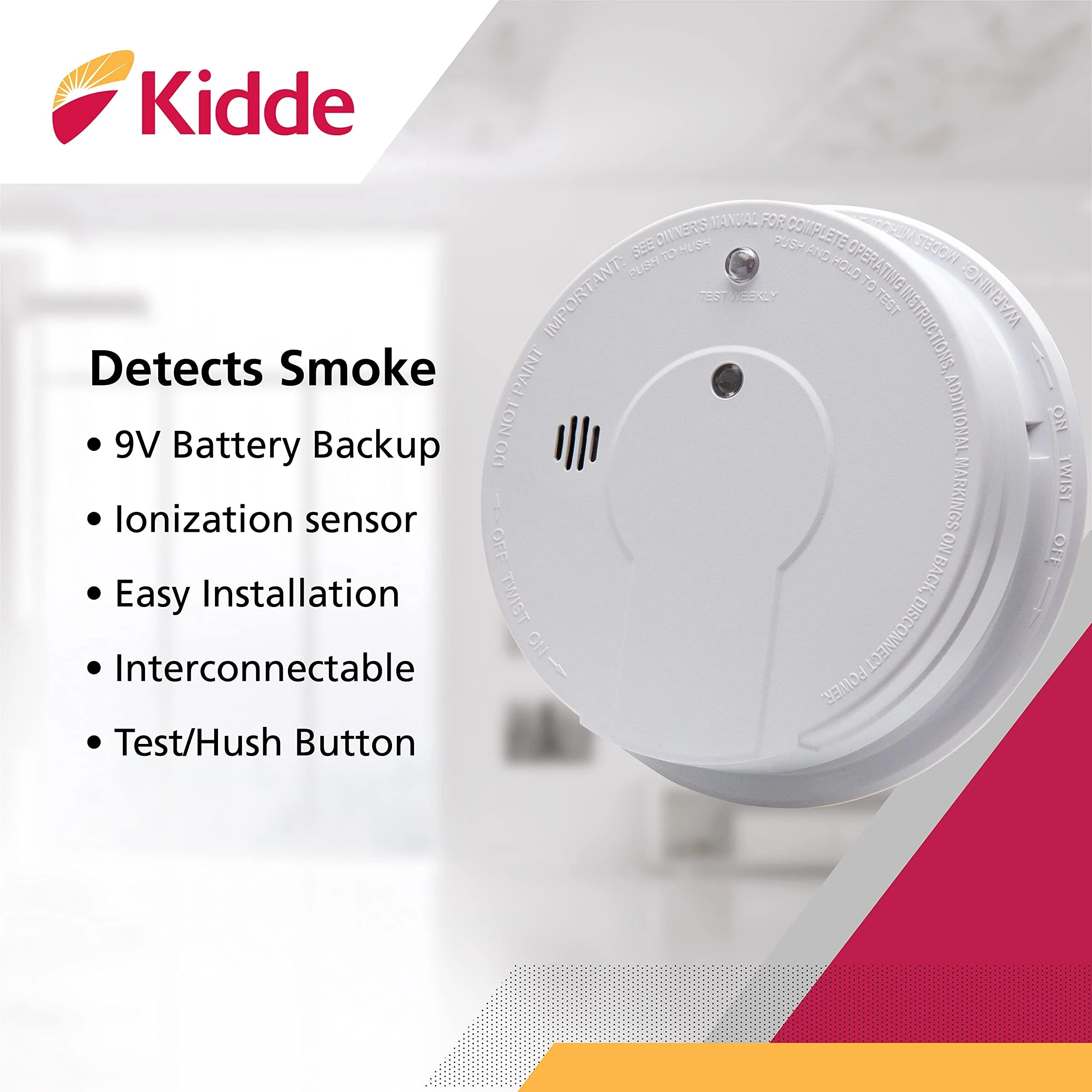 Kidde Smoke Detector, Hardwired Smoke Alarm with 9-Volt Battery Backup, Test-Reset Button, Interconnect Capability, 1 Count (Pack of 1), White - Image 2