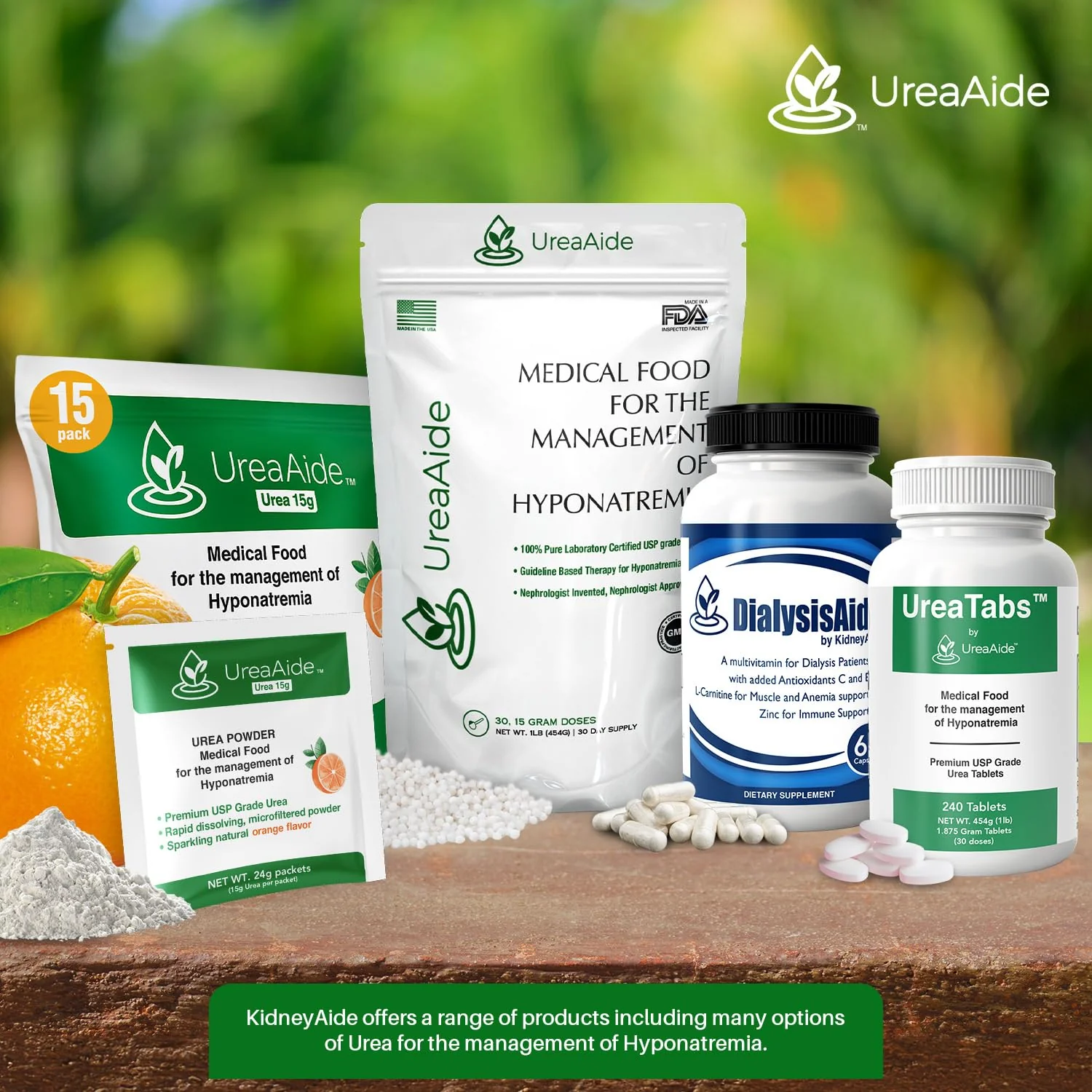 KidneyAide UreaAide Urea Powder Sparkling Natural Orange Flavor for Low Sodium 15 Packs Urea Powder for Hyponatremia, SIADH, Nephrologist Invented 100% Medical Grade Urea 15 gram Urea Per Packet
