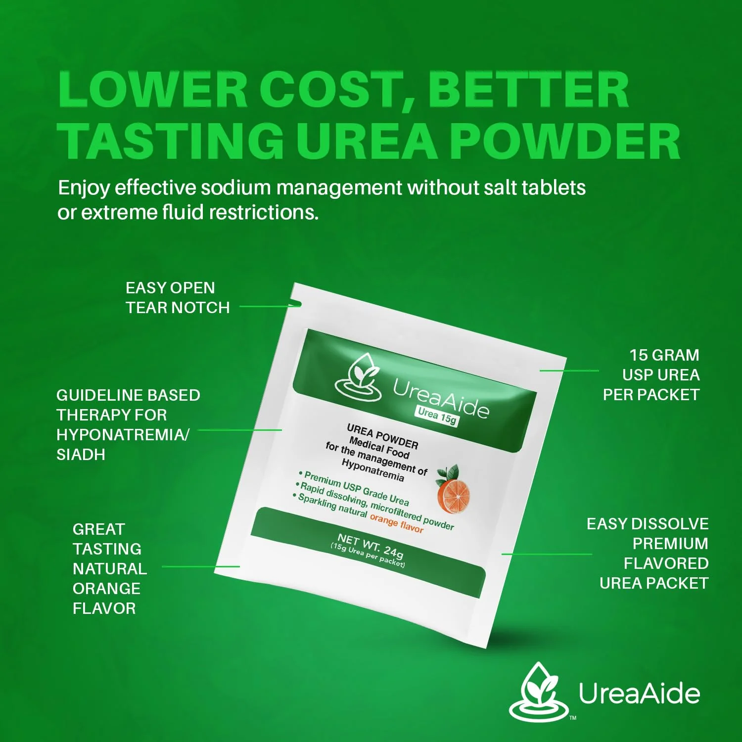 KidneyAide UreaAide Urea Powder Sparkling Natural Orange Flavor for Low Sodium 15 Packs Urea Powder for Hyponatremia, SIADH, Nephrologist Invented 100% Medical Grade Urea 15 gram Urea Per Packet - Image 3