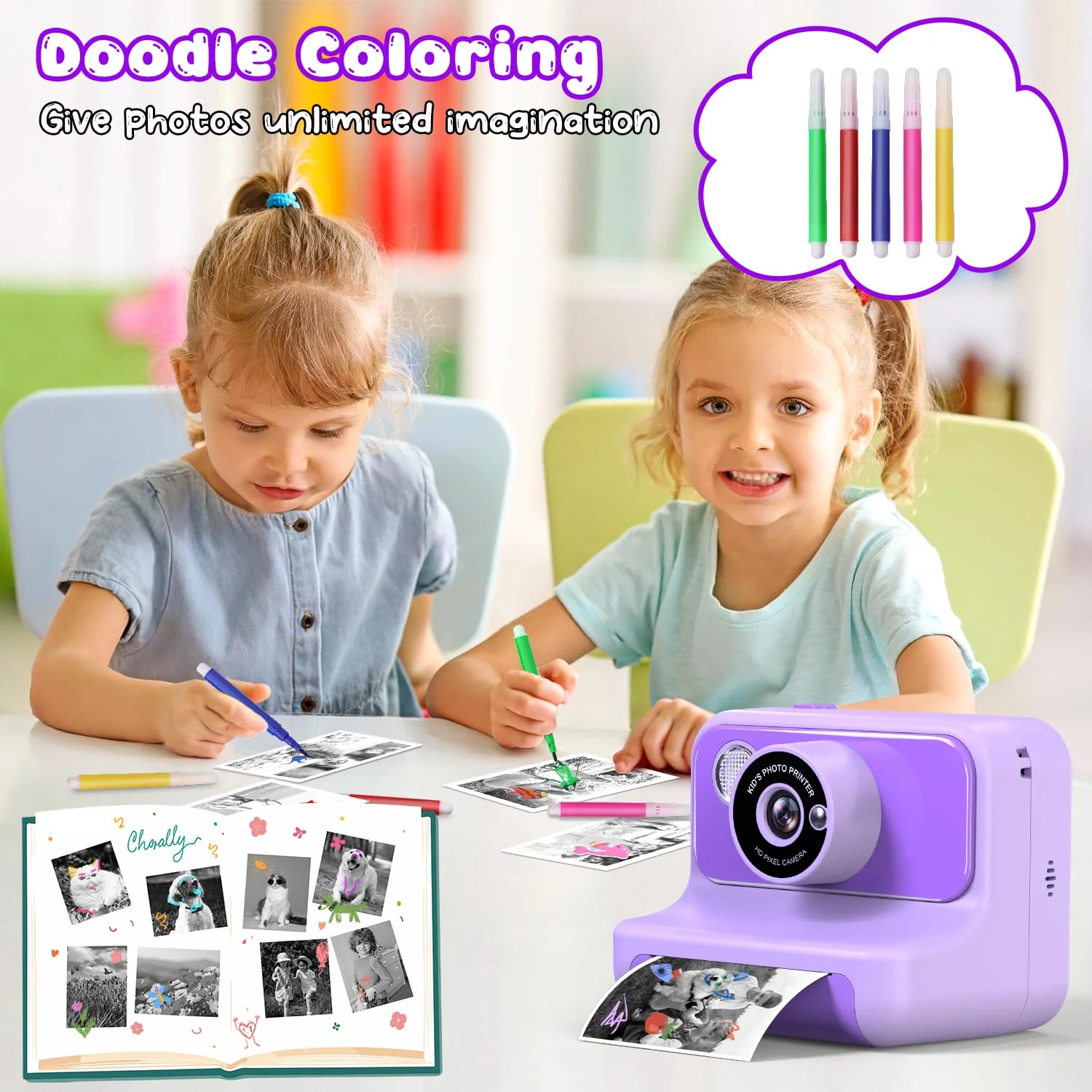 Kids Camera Instant Print, Christmas Birthday Gifts for Girls and Boys, 1080P HD Video Digital Kids Camera with 32G Card, Toddler Camera for 3-12 Years Old, Purple - Image 2