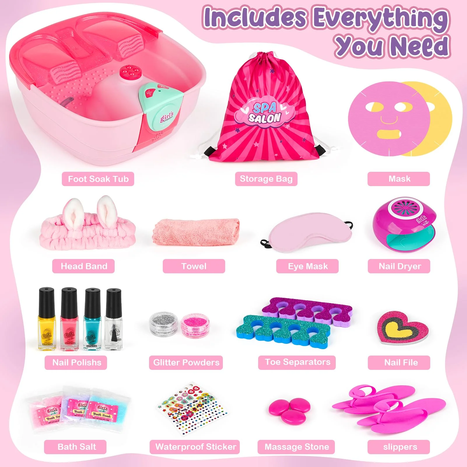 Kids Foot Spa & Nail Kit - Kids Spa Day Kit for Girls with Mask Foot Bath and Nail Dryer - Manicures Pedicure Toy Kit Nail Art Salon Girl Stuff - Christmas Birthday Gifts for 6 7 8 9 10-12 Year Old - Image 7