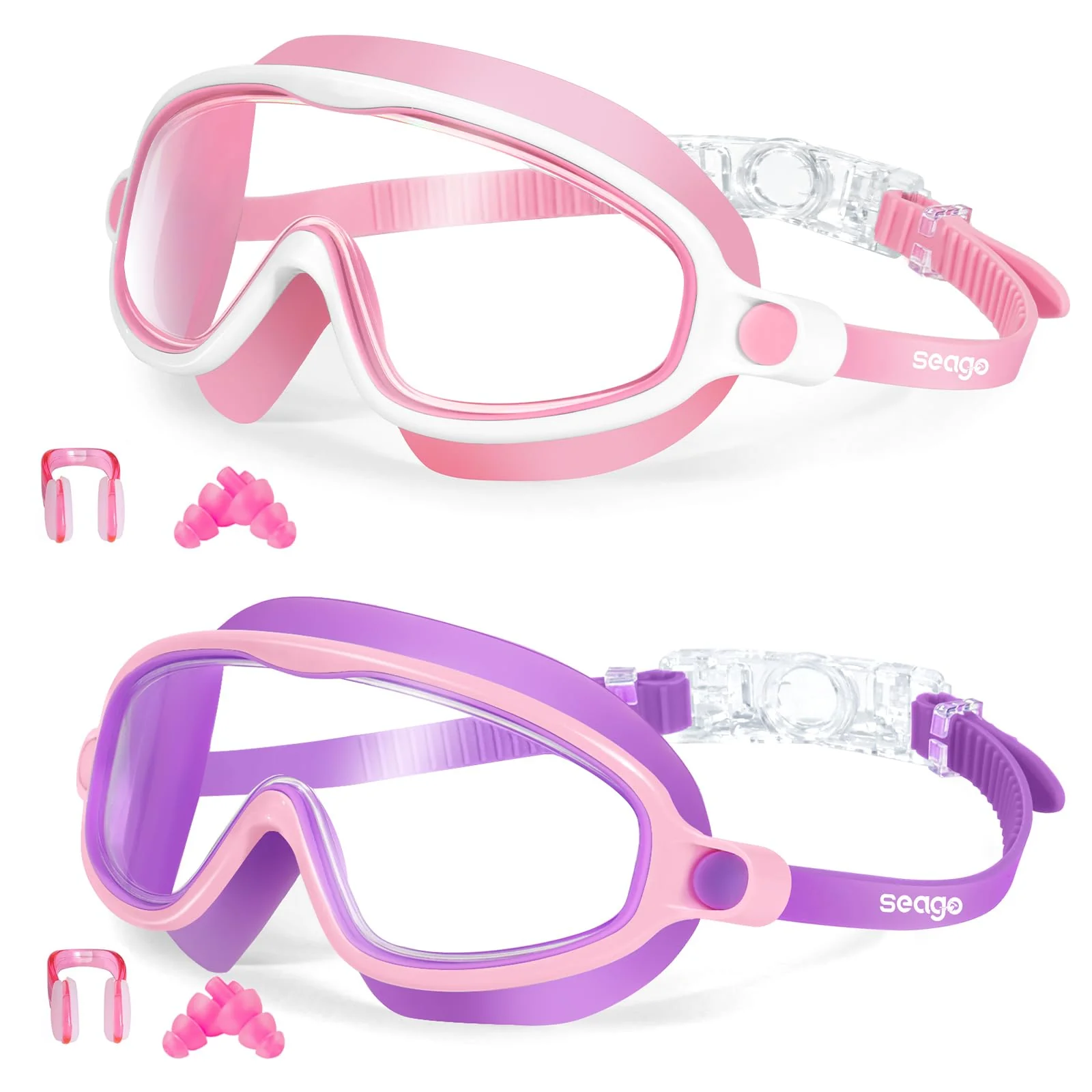 Kids Goggles for Swimming 2 Pack No Leaking Anti-Fog Outer Eye Fit with Wide View UV Protection Crystal Clear Watertight Swim Goggles with nose cover Suitable for Children Youth Boys Girls Age 3 to 14
