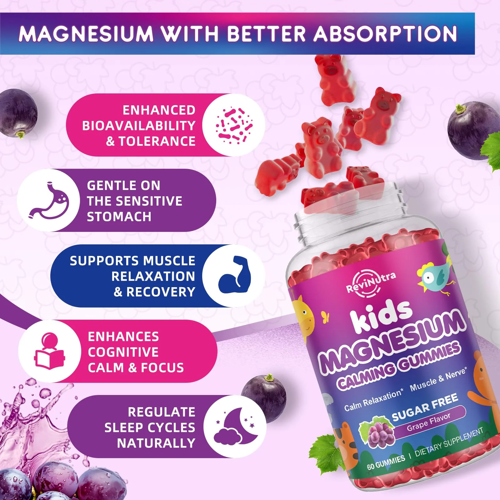 Kids Magnesium Glycinate Gummies - Magnesium Supplement Gummies with L-Theanine, Chamomile, Licorice, Vitamin B6, D for Kids & Adults Sleep, Stress, Muscle Relief & Nerve Bone - Sugar Free Grape 60ct - Image 2