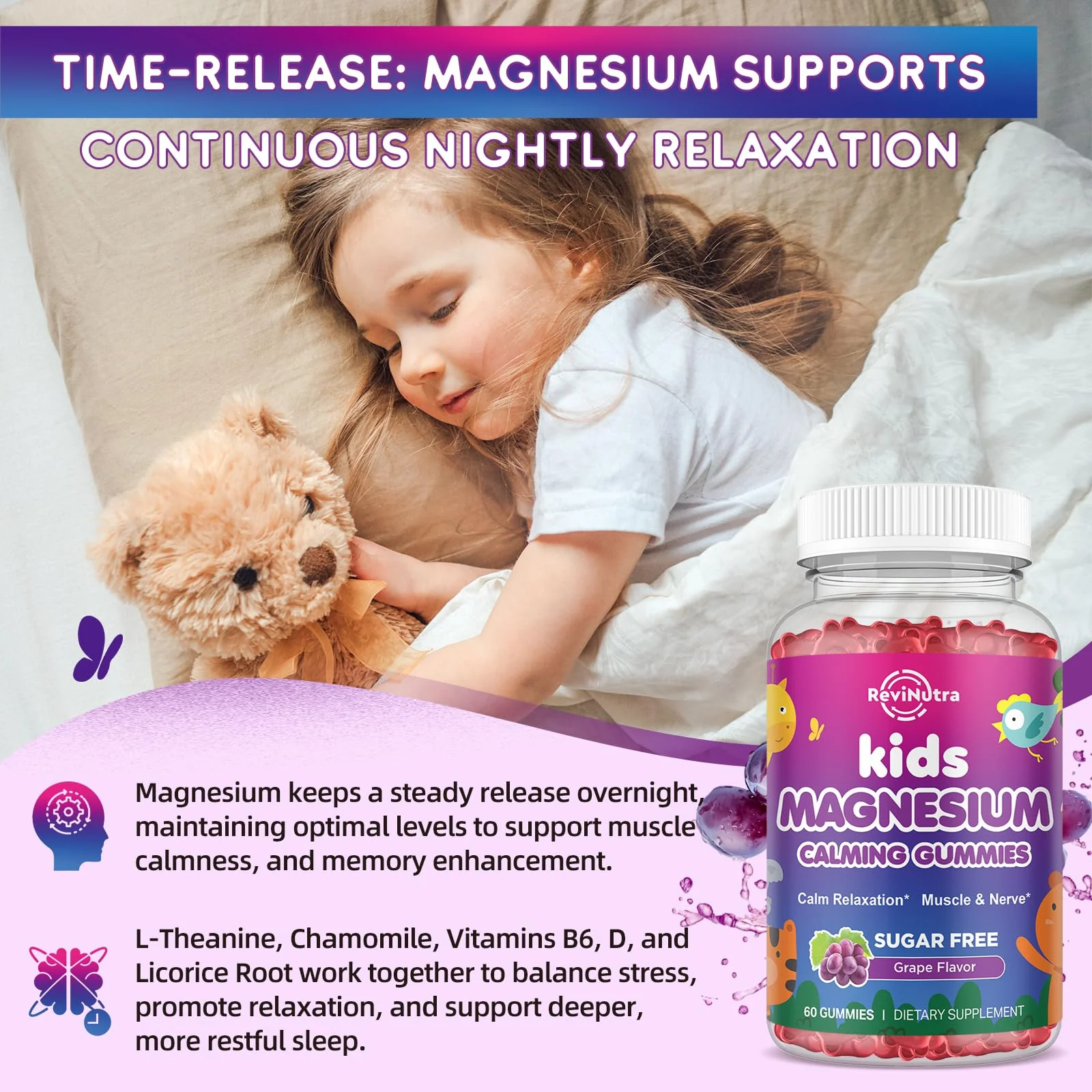 Kids Magnesium Glycinate Gummies - Magnesium Supplement Gummies with L-Theanine, Chamomile, Licorice, Vitamin B6, D for Kids & Adults Sleep, Stress, Muscle Relief & Nerve Bone - Sugar Free Grape 60ct - Image 3