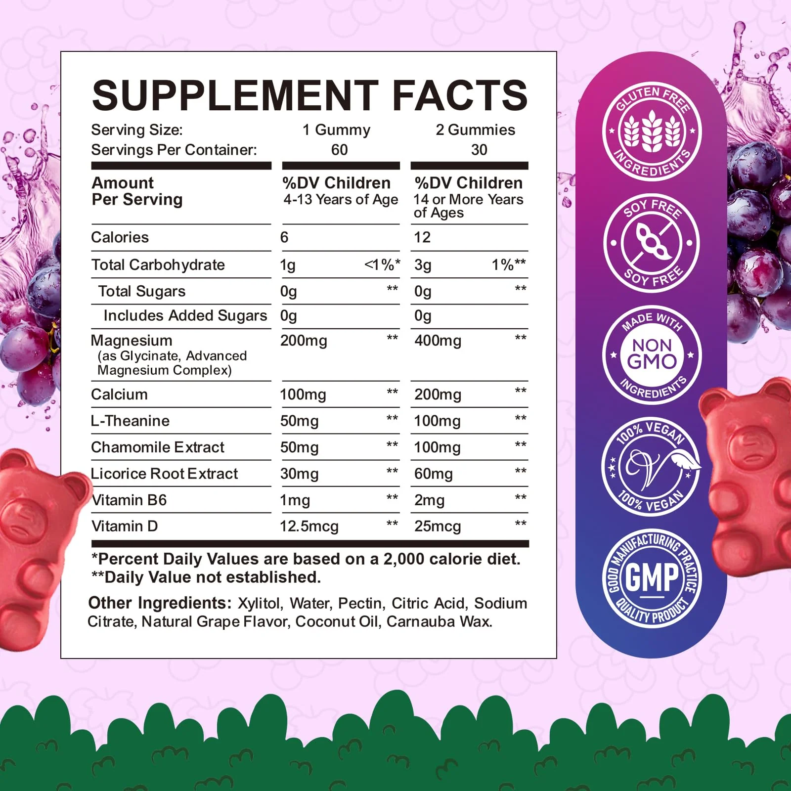 Kids Magnesium Glycinate Gummies - Magnesium Supplement Gummies with L-Theanine, Chamomile, Licorice, Vitamin B6, D for Kids & Adults Sleep, Stress, Muscle Relief & Nerve Bone - Sugar Free Grape 60ct - Image 7
