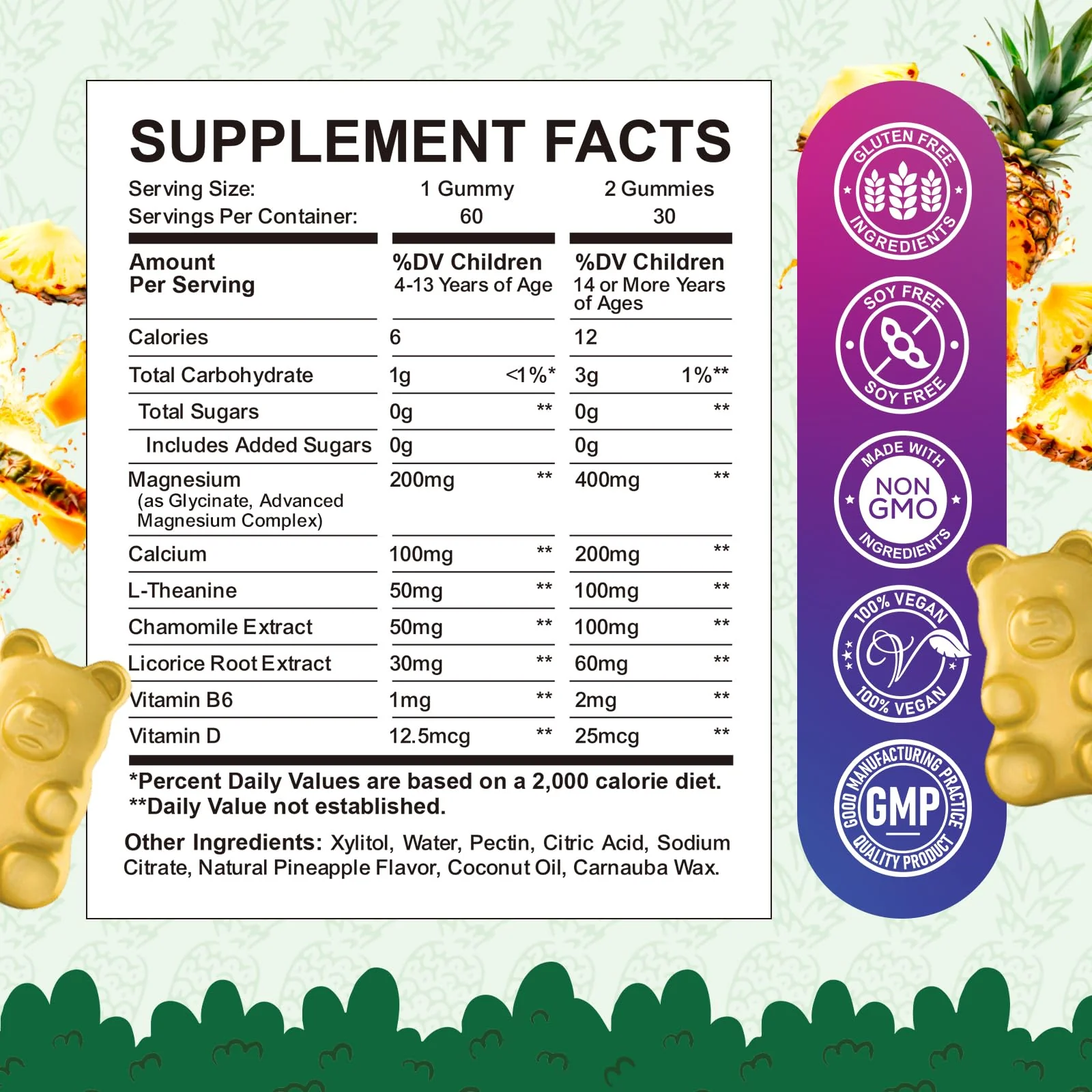 Kids Magnesium Gummies, Magnesium Glycinate Gummies for Kids & Adults with L-Theanine, Chamomile, Licorice, Vitamin D, B6 for Sleep, Relaxation, Brain & Muscle, Sugar Free Pineapple 60ct - Image 2
