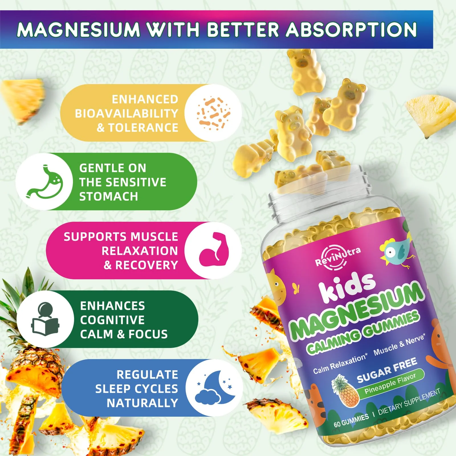 Kids Magnesium Gummies, Magnesium Glycinate Gummies for Kids & Adults with L-Theanine, Chamomile, Licorice, Vitamin D, B6 for Sleep, Relaxation, Brain & Muscle, Sugar Free Pineapple 60ct - Image 4