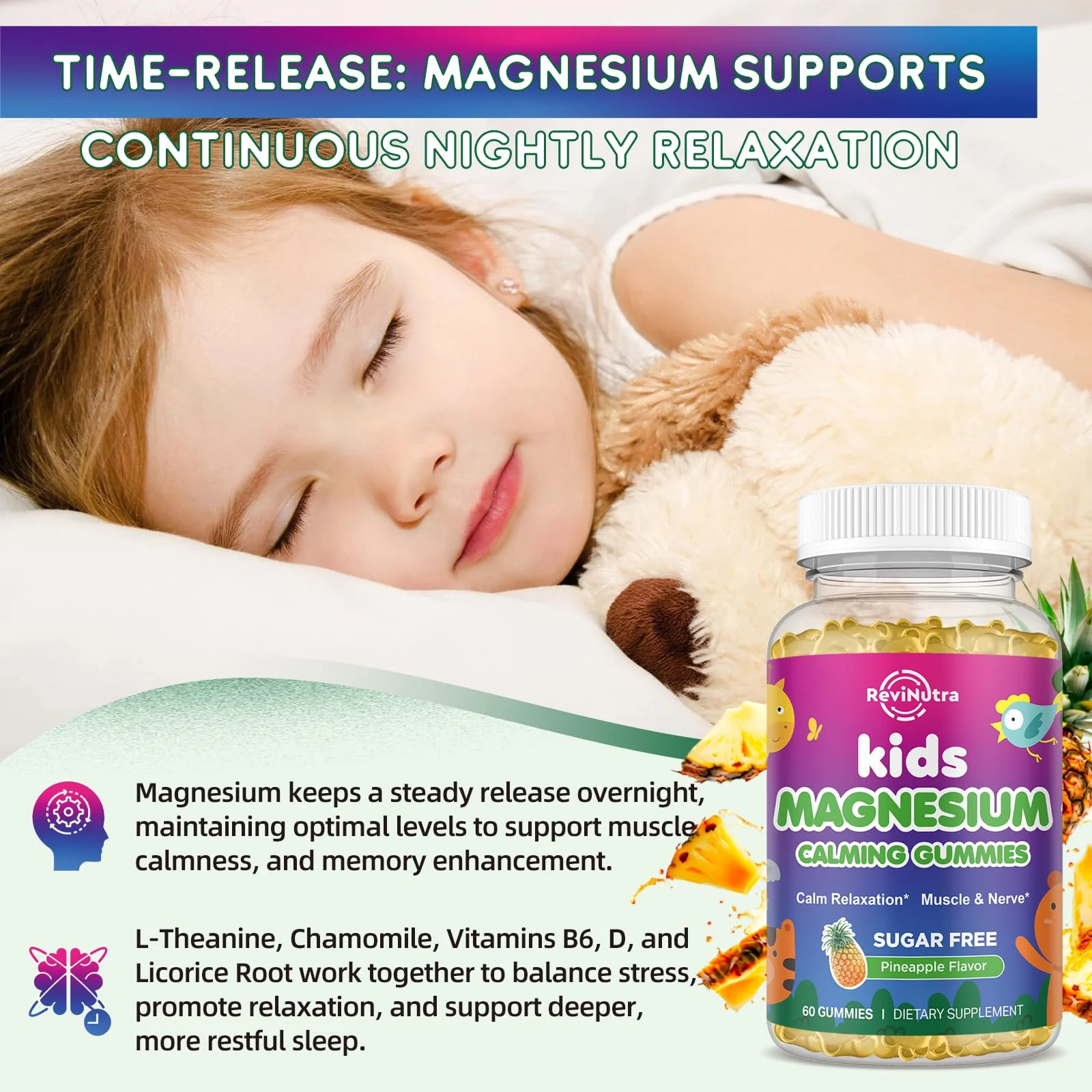 Kids Magnesium Gummies, Magnesium Glycinate Gummies for Kids & Adults with L-Theanine, Chamomile, Licorice, Vitamin D, B6 for Sleep, Relaxation, Brain & Muscle, Sugar Free Pineapple 60ct - Image 5