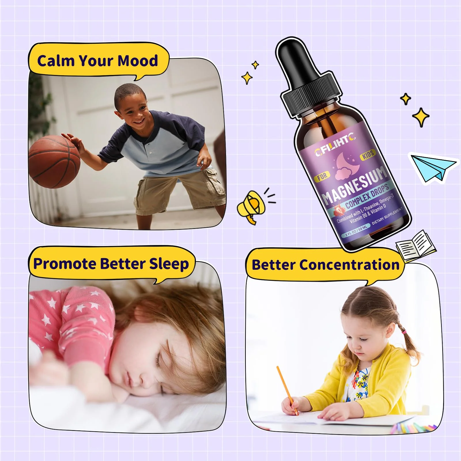 Kids Magnesium Liquid Drops-Magnesium Glycinate Liquid for Kids Supplement-w/L-theanine, Omega-3, Vitamin B6, D3 - for Sleep, Relaxation, Brain, Bones - 4 Fl Oz Children's Calm - Image 3