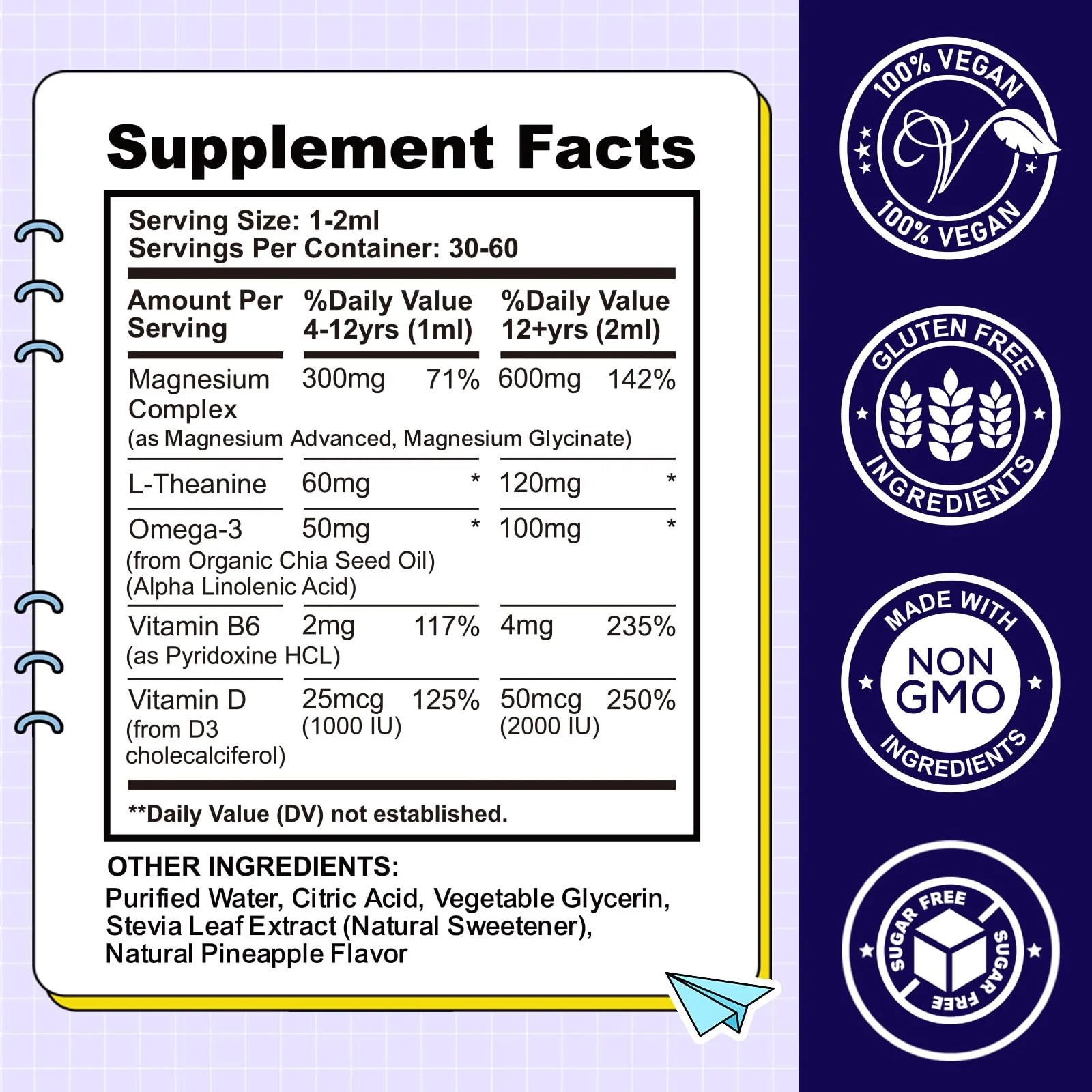 Kids Magnesium Liquid Drops-Magnesium Glycinate Liquid for Kids Supplement-w/L-theanine, Omega-3, Vitamin B6, D3 - for Sleep, Relaxation, Brain, Bones - 4 Fl Oz Children's Calm - Image 4