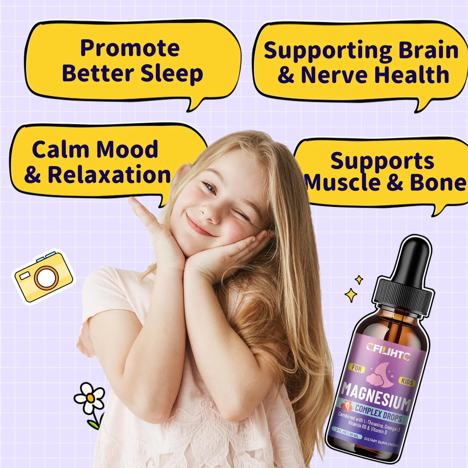 Kids Magnesium Liquid Drops-Magnesium Glycinate Liquid for Kids Supplement-w/L-theanine, Omega-3, Vitamin B6, D3 - for Sleep, Relaxation, Brain, Bones - 4 Fl Oz Children's Calm - Image 5