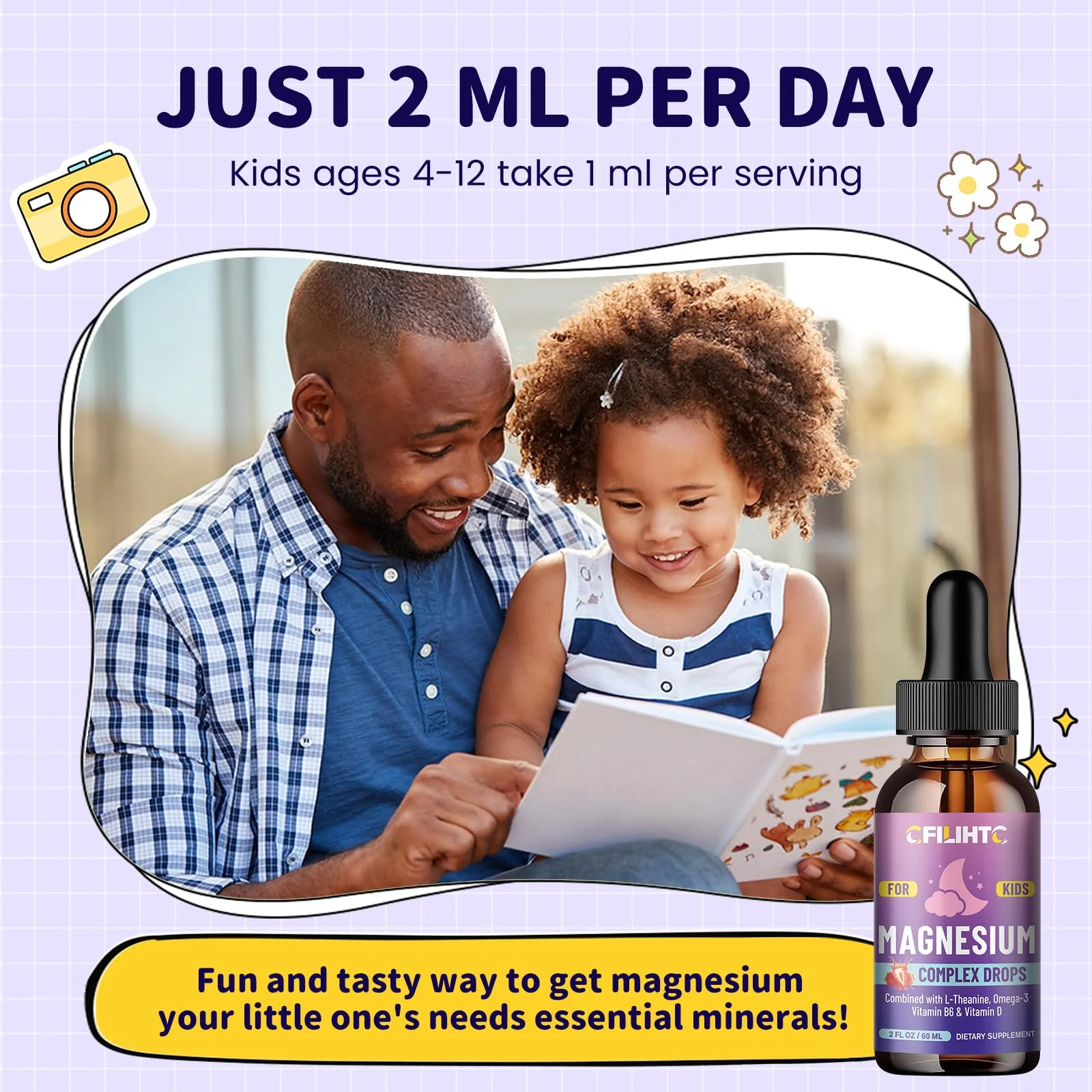 Kids Magnesium Liquid Drops-Magnesium Glycinate Liquid for Kids Supplement-w/L-theanine, Omega-3, Vitamin B6, D3 - for Sleep, Relaxation, Brain, Bones - 4 Fl Oz Children's Calm - Image 7