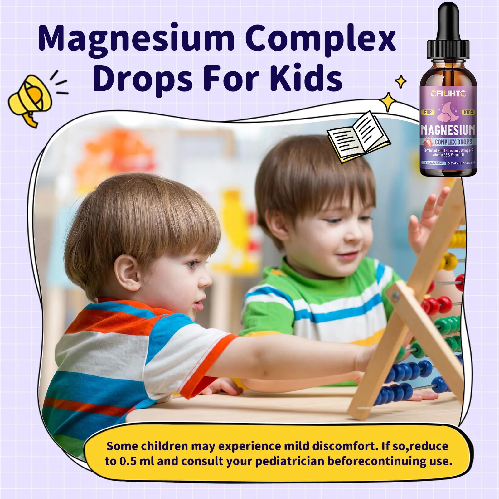 Kids Magnesium Liquid Drops-Magnesium Glycinate Liquid for Kids Supplement-w/L-theanine, Omega-3, Vitamin B6, D3 - for Sleep, Relaxation, Brain, Bones - 4 Fl Oz Children's Calm - Image 2