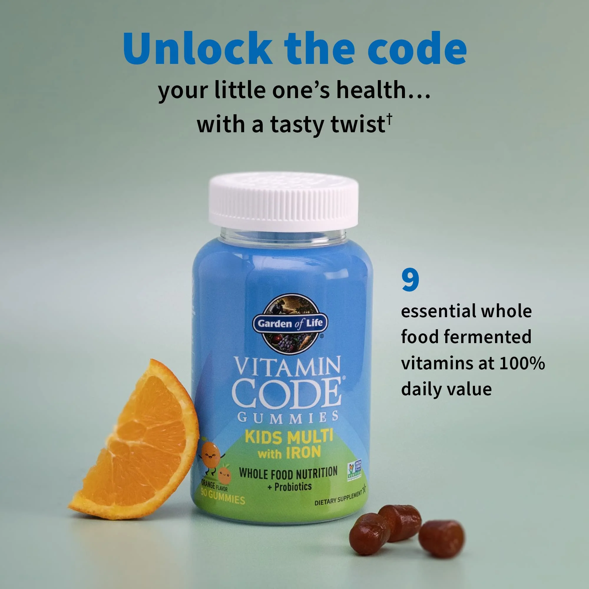Kids Multivitamin Gummy with Iron + Probiotics for Immune Health & Digestion: Vitamins D, C, E, B, Zinc for Energy & Development, Vitamin Code, Non-GMO, Gluten-Free, 90 Orange Gummies, 30 Day Supply - Image 6
