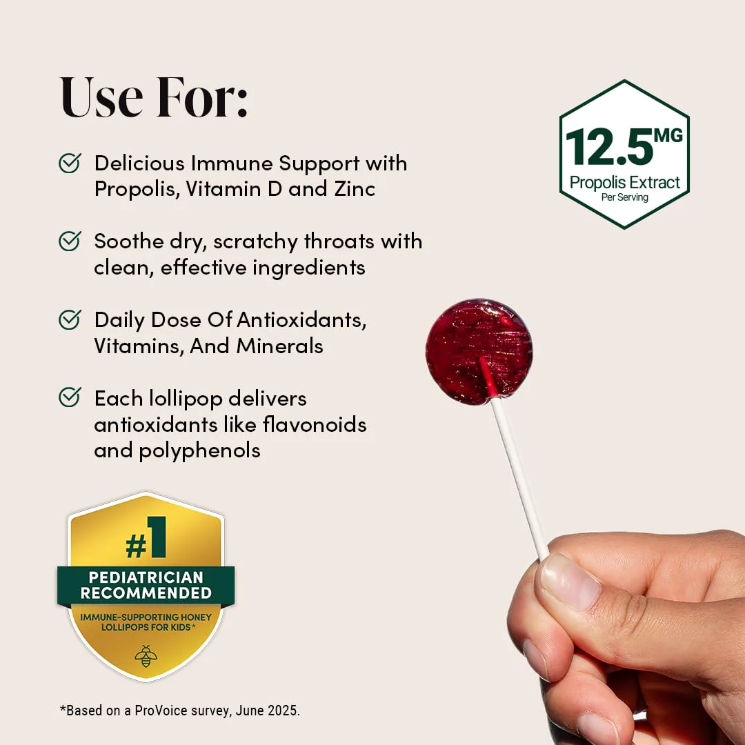 Kids Throat Soothing Lollipops by Beekeeper's Naturals - Doctor Formulated Immune Support, Vitamin D & Honey, Under 2g Sugar, Clean Ingredients,15 ct - Image 3