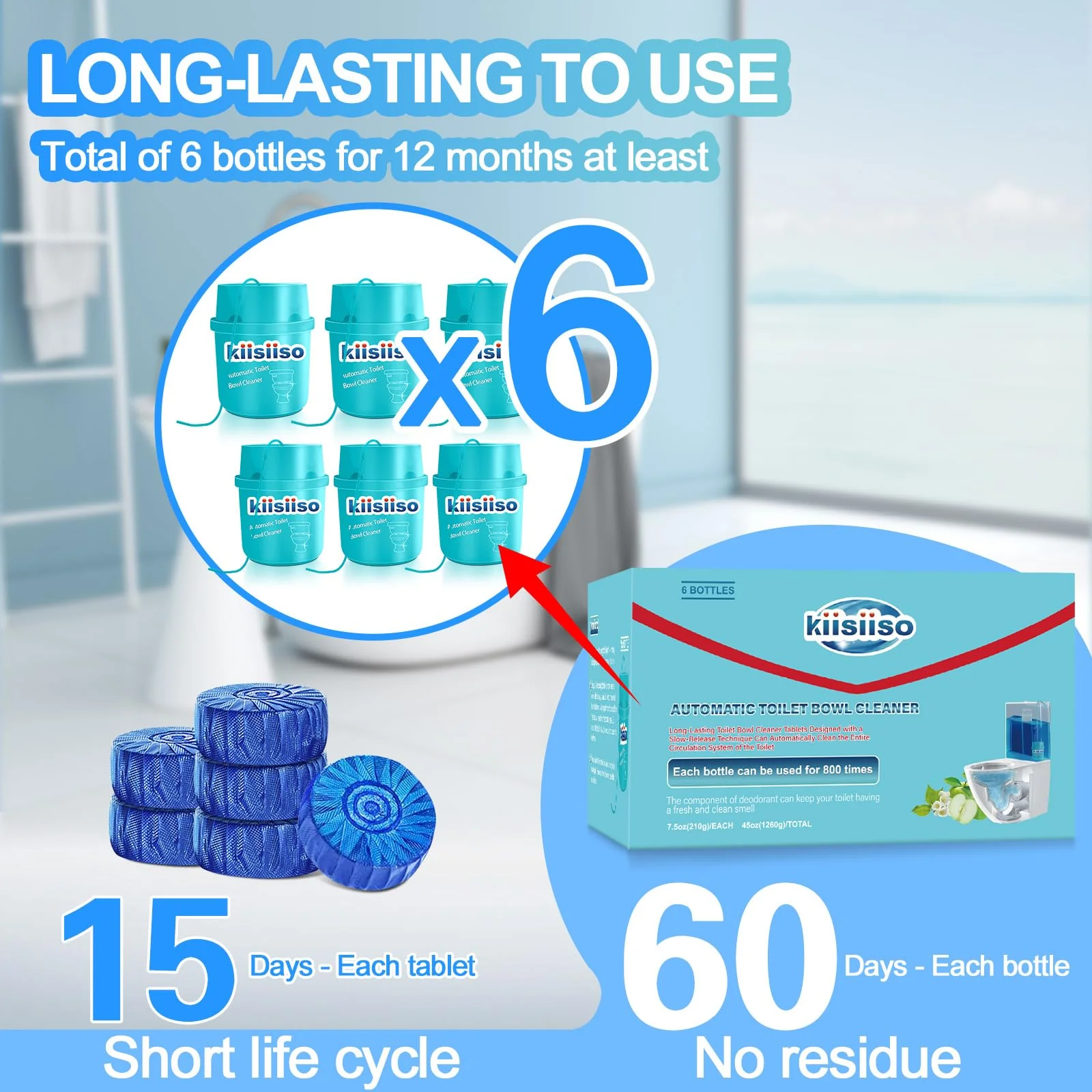 KIISIISO Toilet Bowl Cleaners-6 Pack, Automatic Toilet Tank Cleaner Tablets in Bottles, Long-Lasting Powerful Cleaning, Prevents Bathroom Stain & Odors Build Up, Septic Safe, Blue Water - Image 4