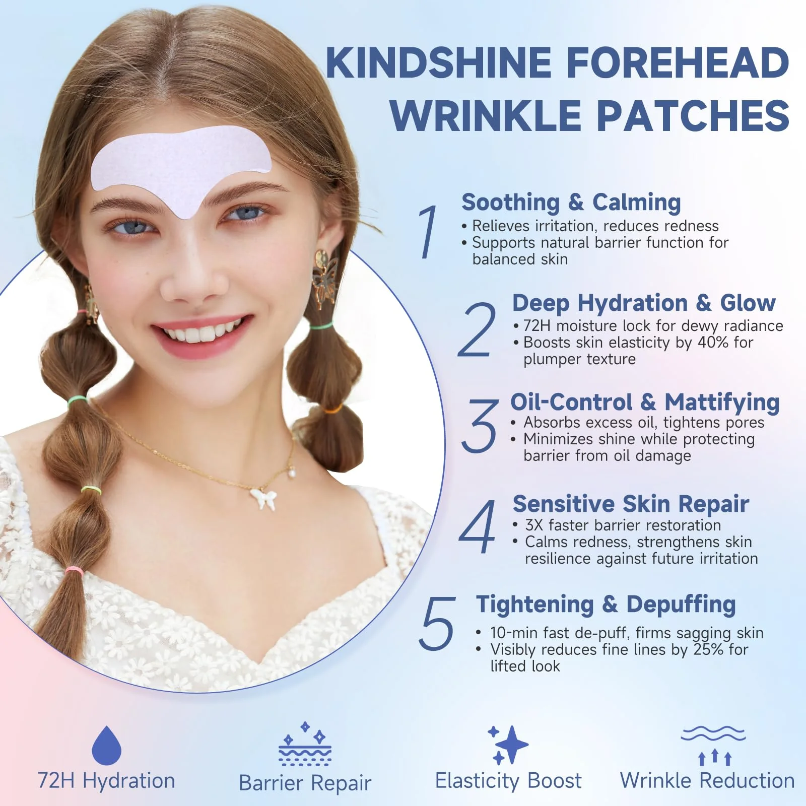 kindshine 40PCS Forehead Wrinkle Patches, Forehead Face Masks, Anti Wrinkle Facial Patches with Hyaluronic Acid & Collagen, Overnight Forehead Patches for Wrinkles Smoothing - Image 7