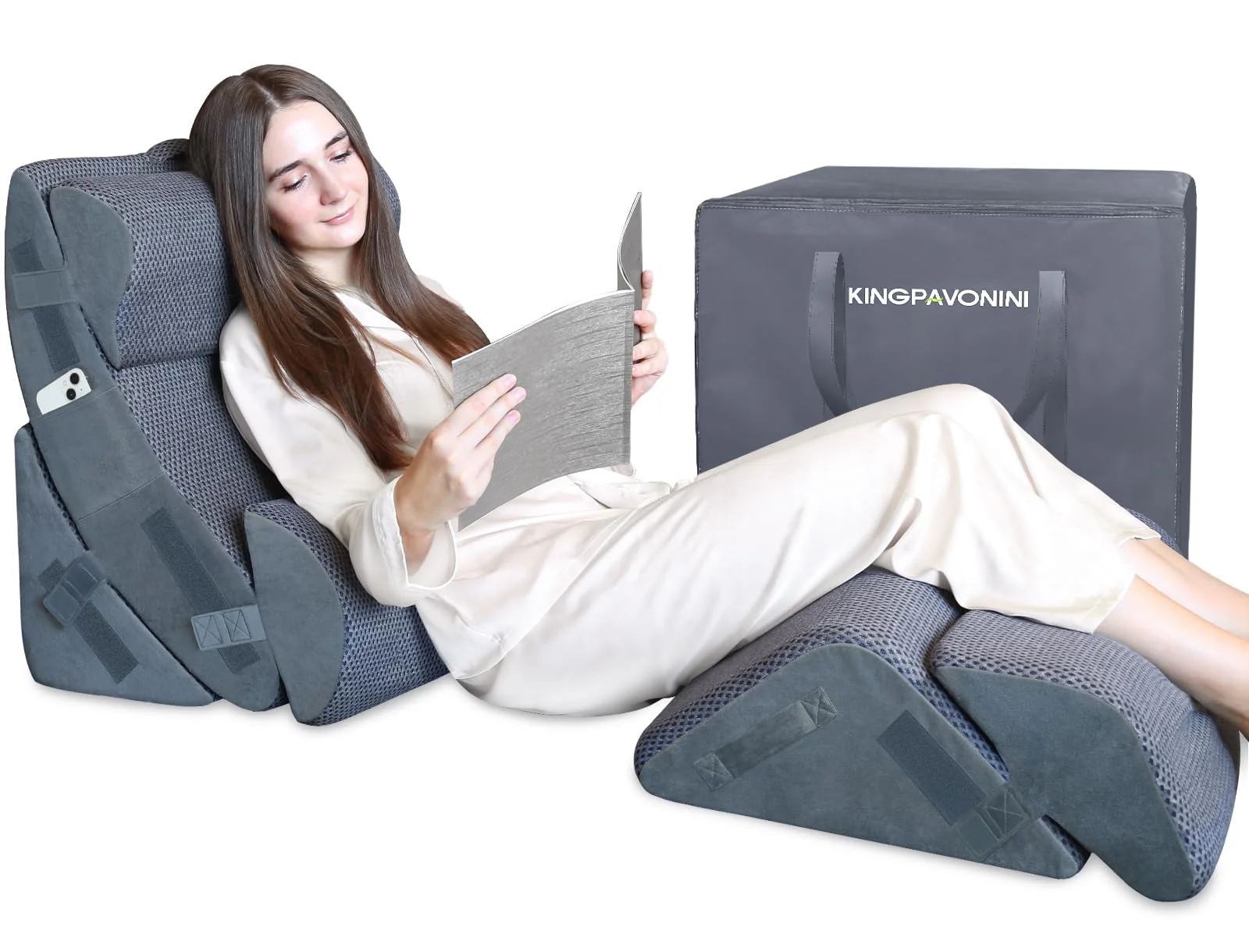 KingPavonini 6PCS Orthopedic Bed Wedge Pillow for Sleeping, Post Surgery Memory Foam for Back, Neck, Leg Support, Acid Reflux, Gerd with Travel Bag (Gray, 20'') - Image 2