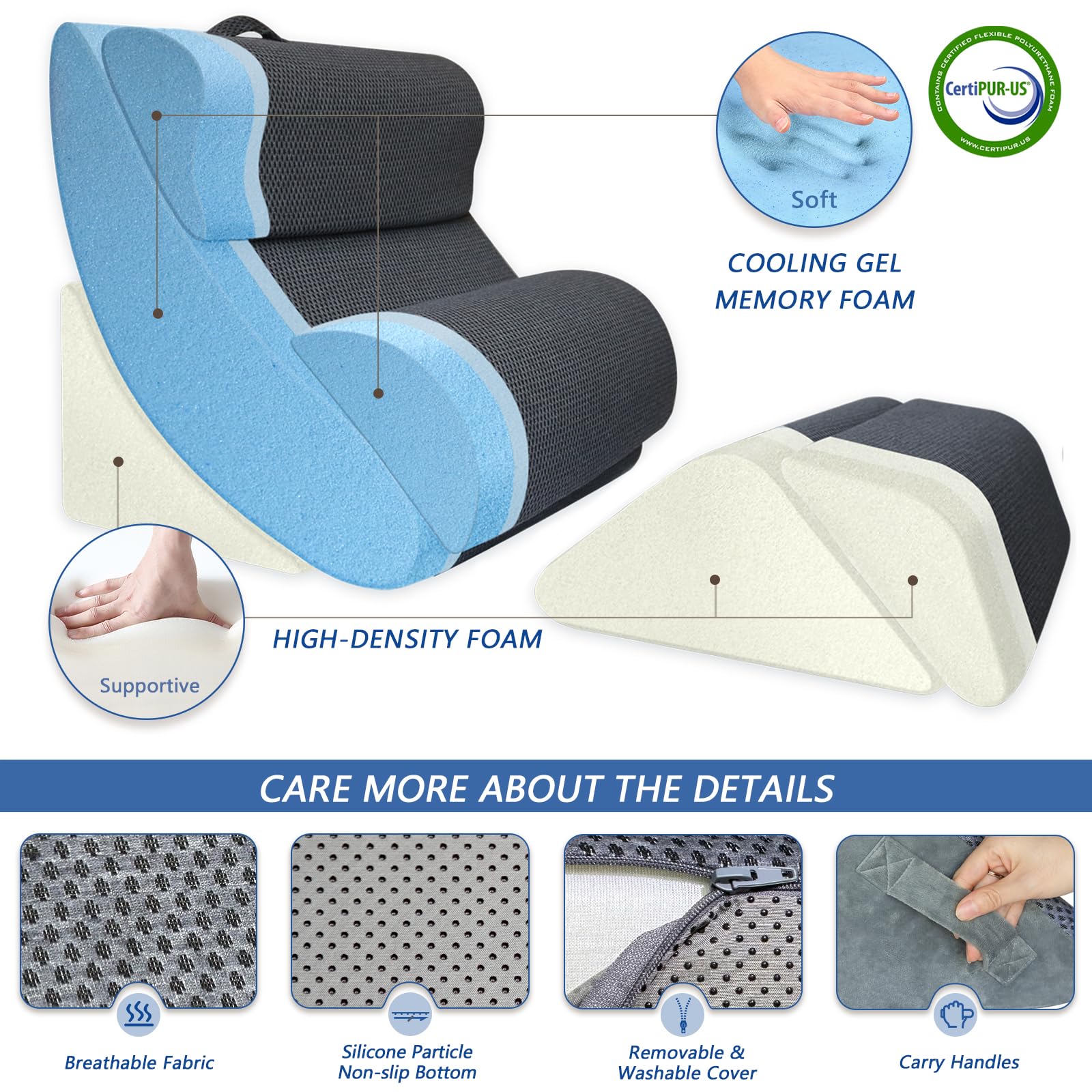 KingPavonini 6PCS Orthopedic Bed Wedge Pillow for Sleeping, Post Surgery Memory Foam for Back, Neck, Leg Support, Acid Reflux, Gerd with Travel Bag (Gray, 20'') - Image 3
