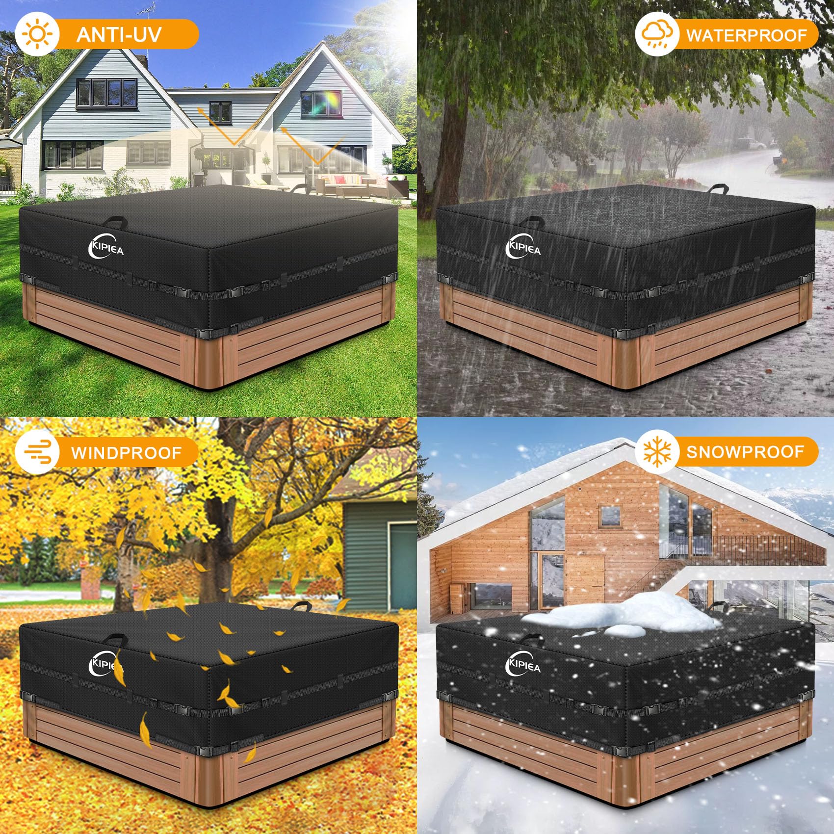Kipiea 600D Outdoor Waterproof Square Hot Tub Cover Protector, Heavy Duty Polyester SPA Cover UV Protection Cover 85" L x 85" W x 20" H, Black - Image 4