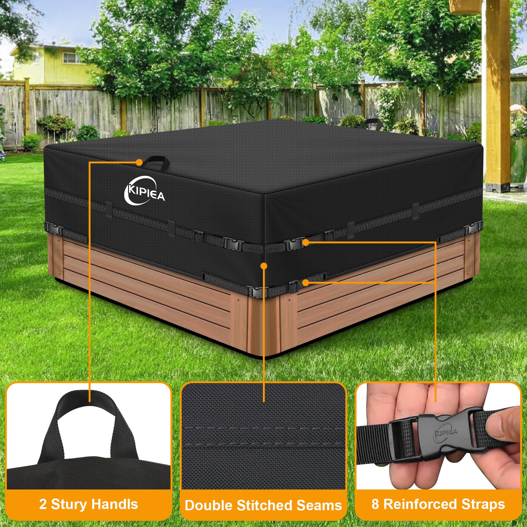 Kipiea 600D Outdoor Waterproof Square Hot Tub Cover Protector, Heavy Duty Polyester SPA Cover UV Protection Cover 85" L x 85" W x 20" H, Black - Image 5