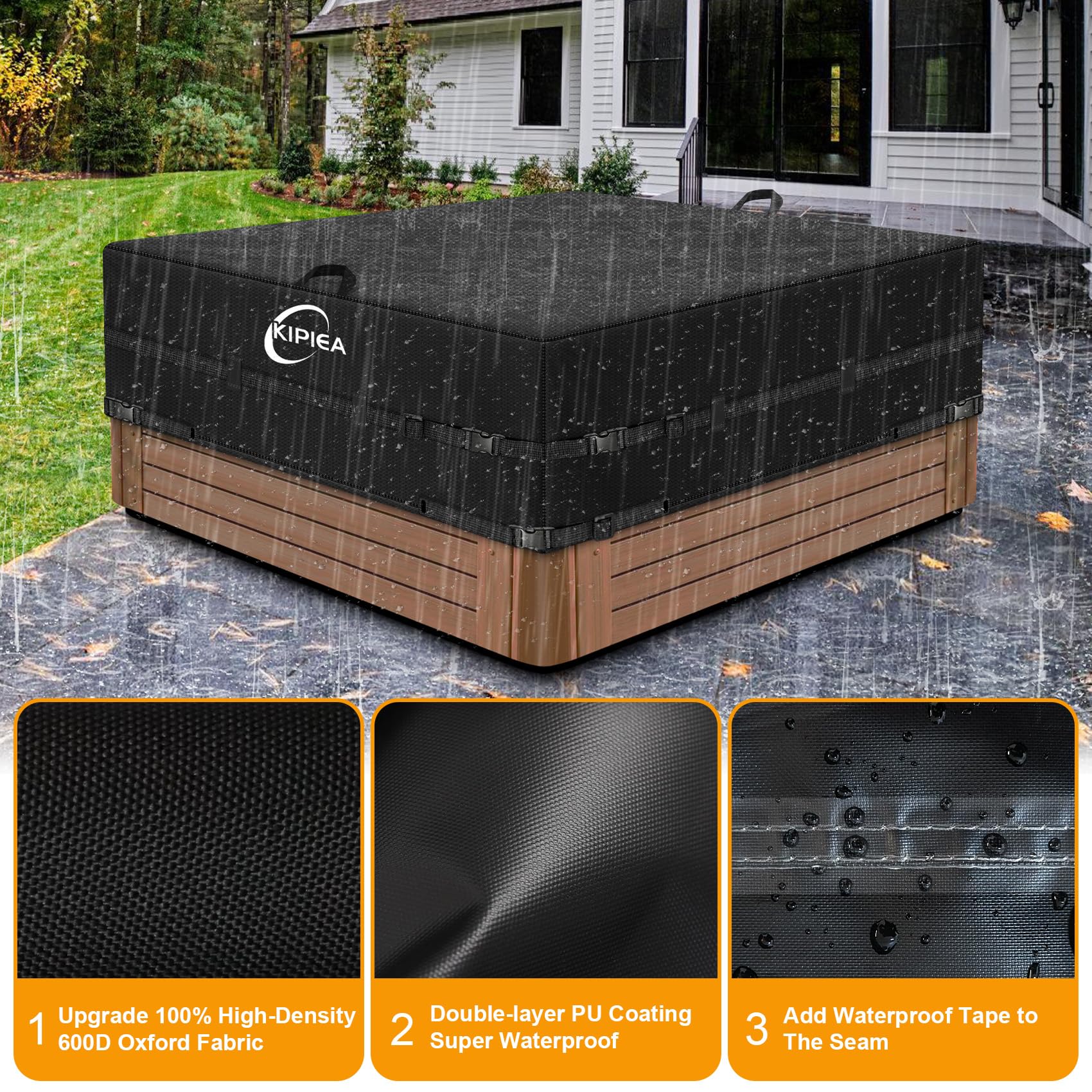 Kipiea 600D Outdoor Waterproof Square Hot Tub Cover Protector, Heavy Duty Polyester SPA Cover UV Protection Cover 85" L x 85" W x 20" H, Black - Image 8
