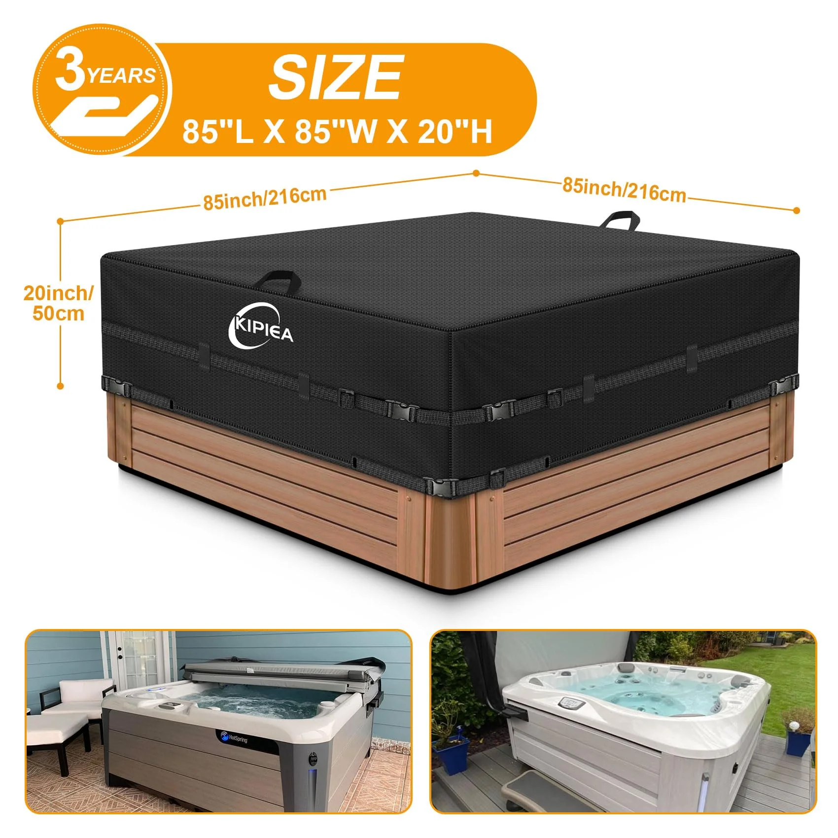 Kipiea 600D Outdoor Waterproof Square Hot Tub Cover Protector, Heavy Duty Polyester SPA Cover UV Protection Cover 85" L x 85" W x 20" H, Black - Image 9