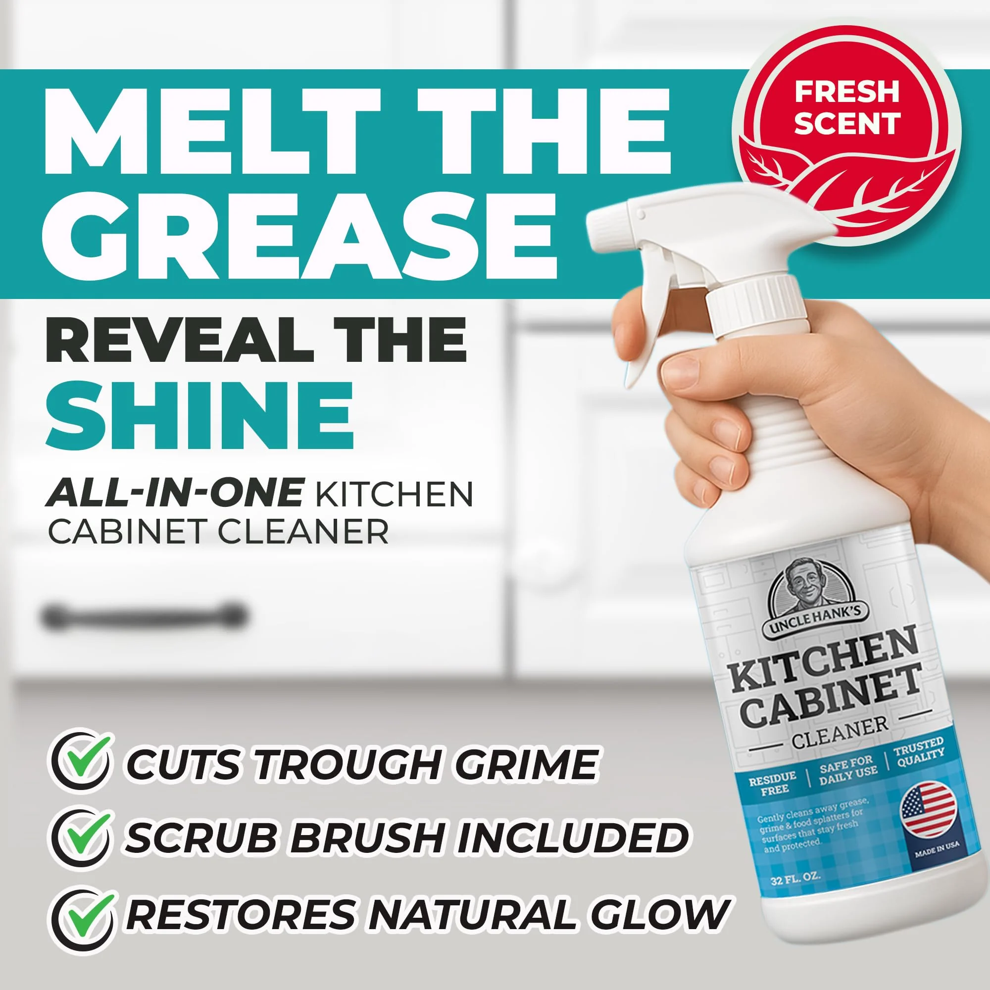 Kitchen Cabinet Cleaner – Gentle, Residue-Free and Effective Everyday Degreaser & Grime Remover for Wood, Painted and Finished Furniture - Complete with Cleaning Brush & Cabinet Cleaner Spray 32oz - Image 9