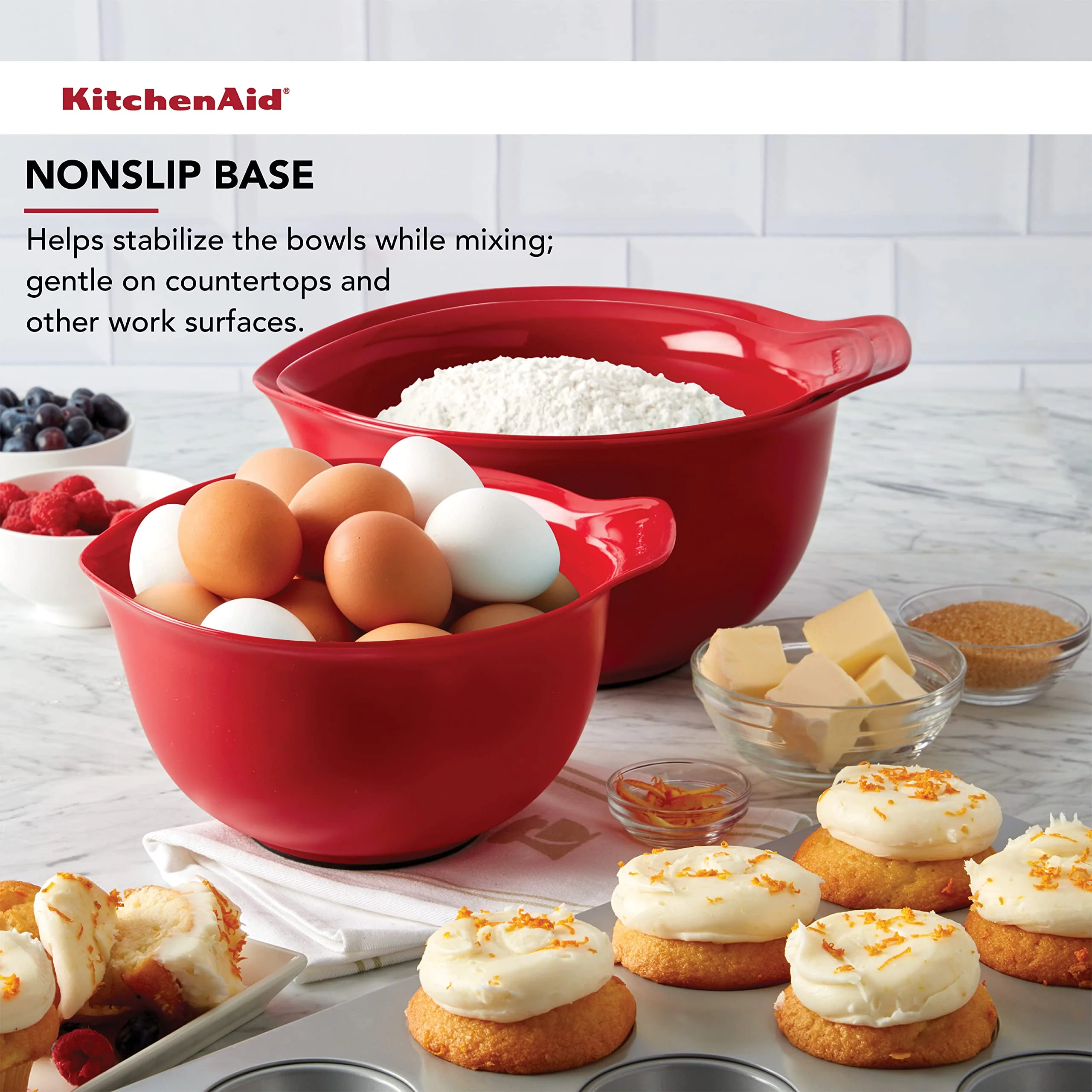 KitchenAid Universal Nesting Plastic Mixing Bowls, 2.5 quart, 3.5 quart, 4.5 quart, Non Slip Base with Easy Pour Spout to Reduce Mess, Dishwasher Safe, Set Of 3, Empire Red - Image 2
