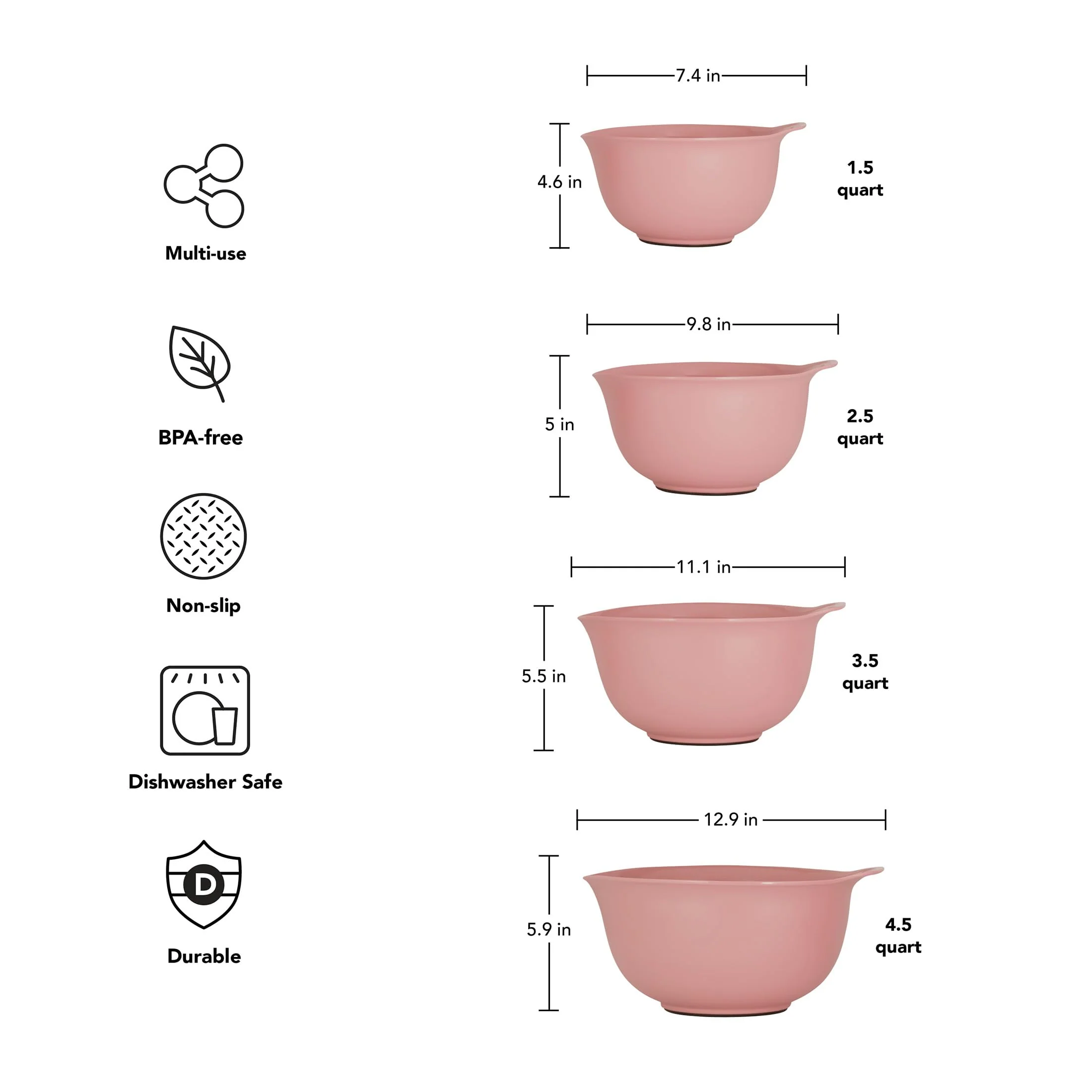 KitchenAid Universal Nesting Plastic Mixing Bowls, Set of 4, 1.5 quart, 2.5 quart, 3.5 quart, 4.5 quart - Image 5