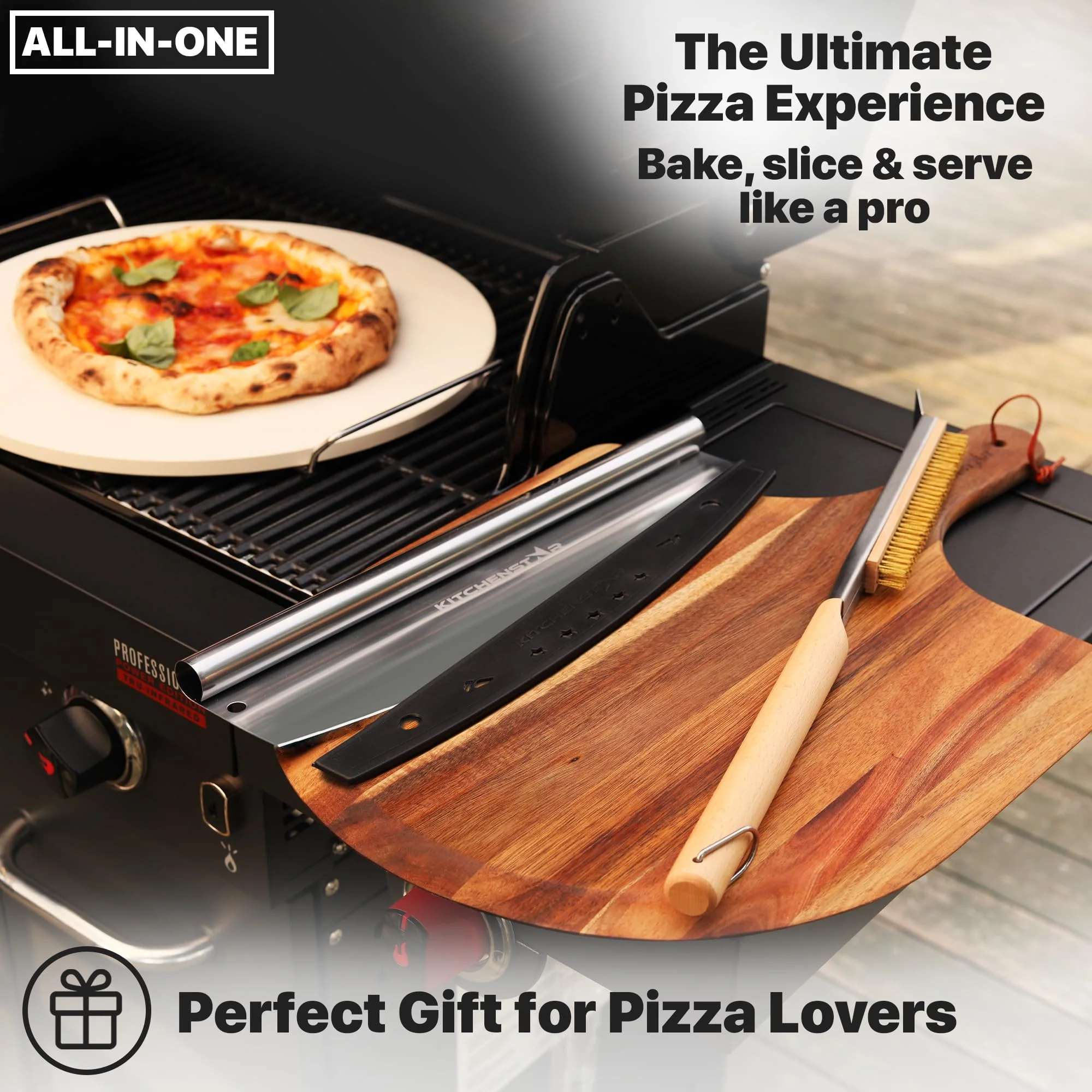 KitchenStar 16-inch Pizza Making Set, 4 Essential Tools - Pizza Stone + Stainless Steel Rack, Acacia Wood Pizza Peel, Pizza Cutter Rocker + Protective Cover, Metal Brush - Oven & Grill Accessories Kit - Image 2