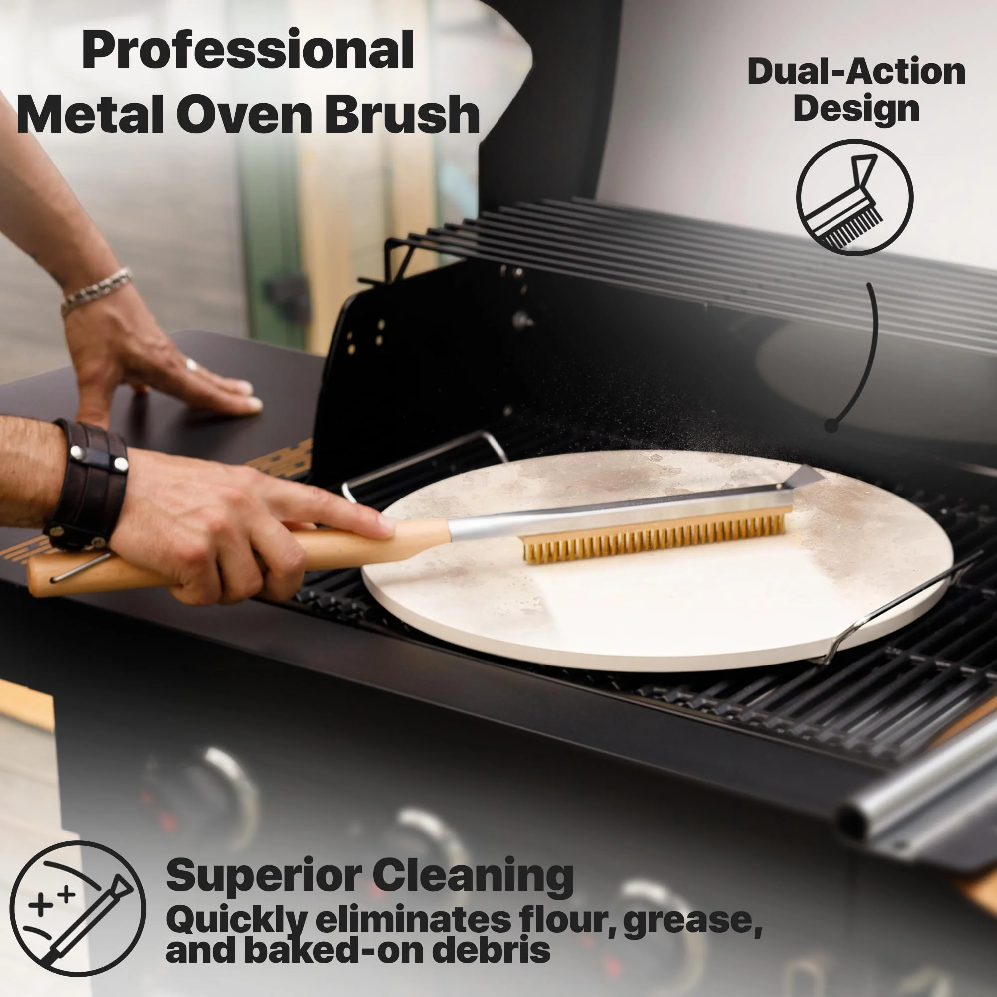 KitchenStar 16-inch Pizza Making Set, 4 Essential Tools - Pizza Stone + Stainless Steel Rack, Acacia Wood Pizza Peel, Pizza Cutter Rocker + Protective Cover, Metal Brush - Oven & Grill Accessories Kit - Image 3