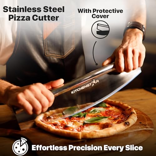 KitchenStar 16-inch Pizza Making Set, 4 Essential Tools - Pizza Stone + Stainless Steel Rack, Acacia Wood Pizza Peel, Pizza Cutter Rocker + Protective Cover, Metal Brush - Oven & Grill Accessories Kit - Image 4